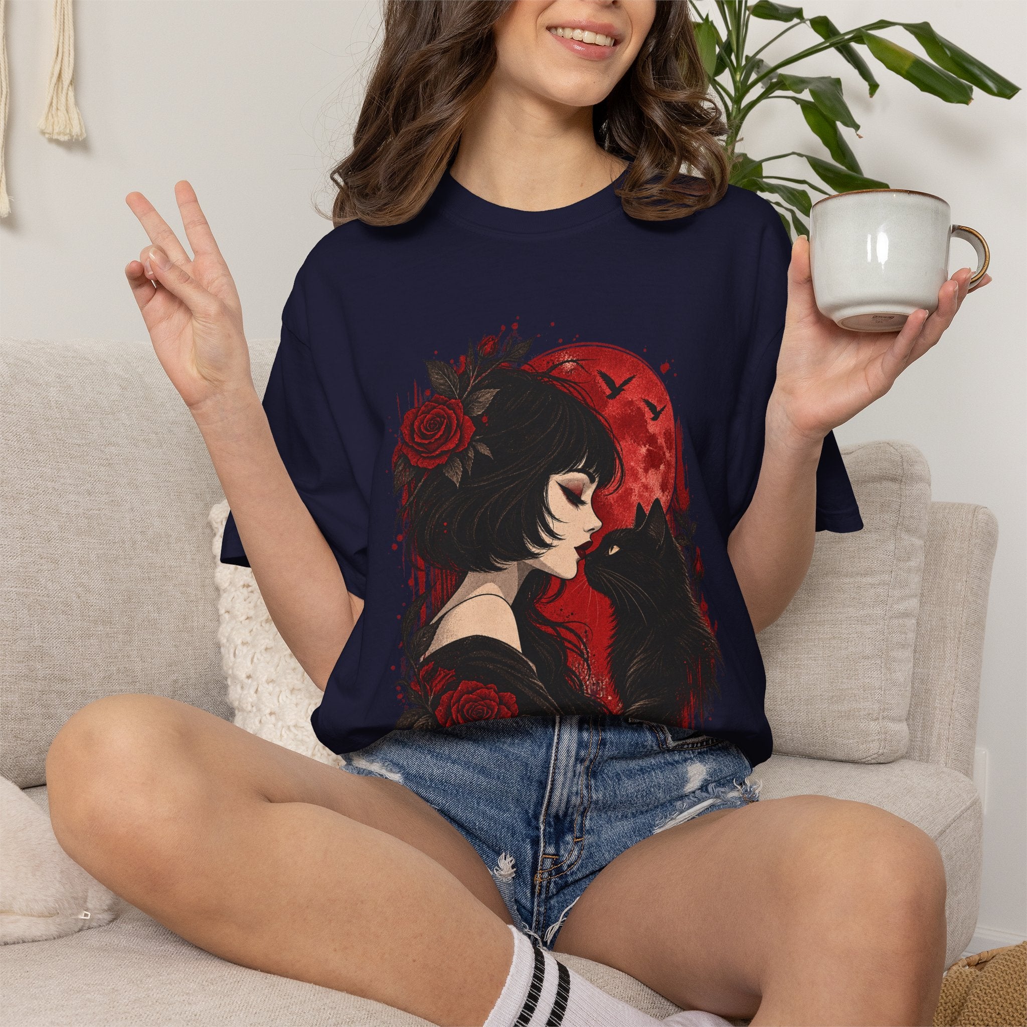 Gothic Girl & Black Cat T‑Shirt — Red Moon Rose Illustration