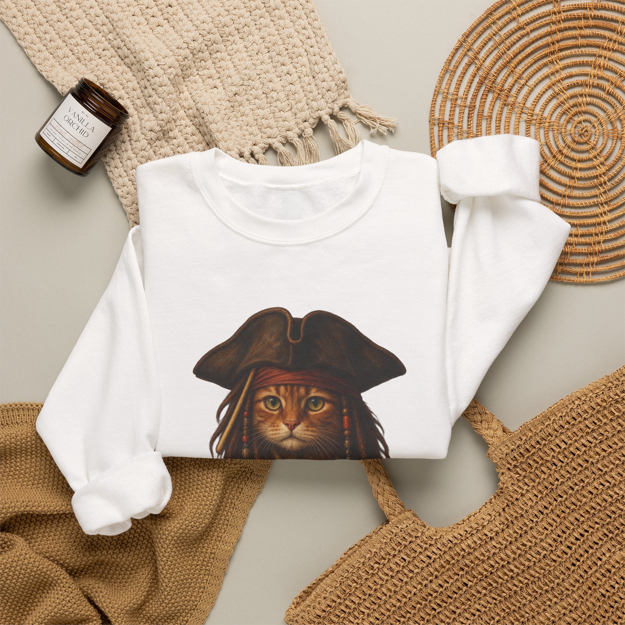 Pirate Cat Crewneck Sweatshirt — Captain Cat Portrait Pullover