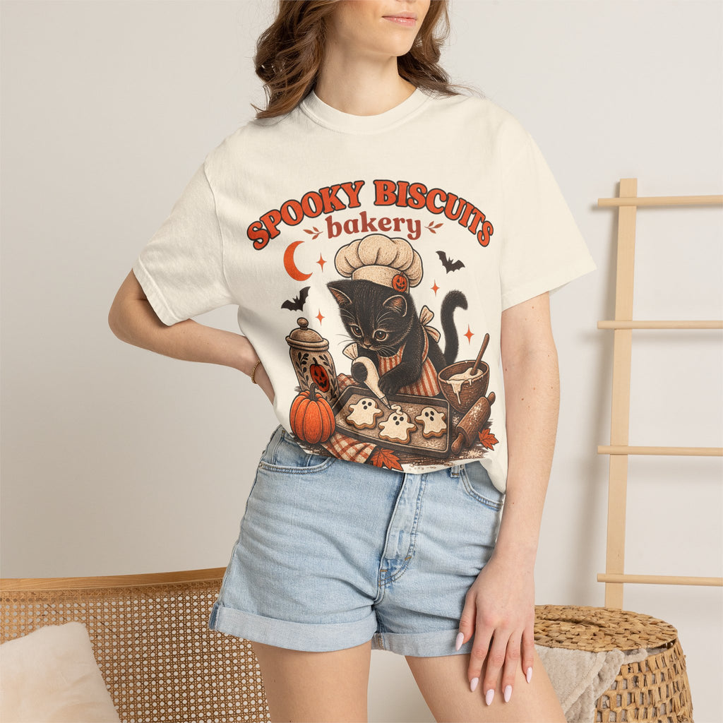 Spooky Biscuits Bakery T-Shirt — Halloween Black Cat Baking Tee (“We Knead ’Em, You Need ’Em”)