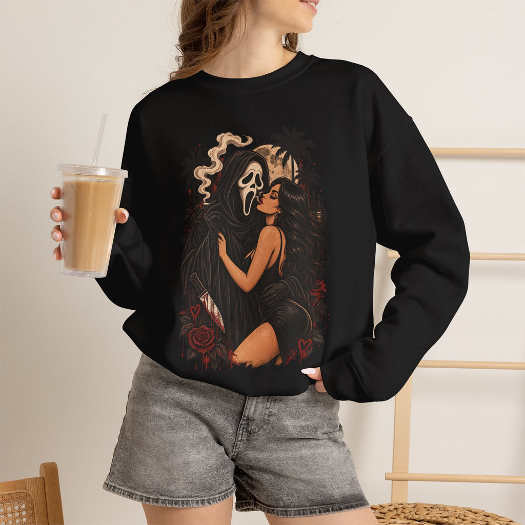 Horror Romance Crewneck Sweatshirt – Masked Ghost Embrace Graphic