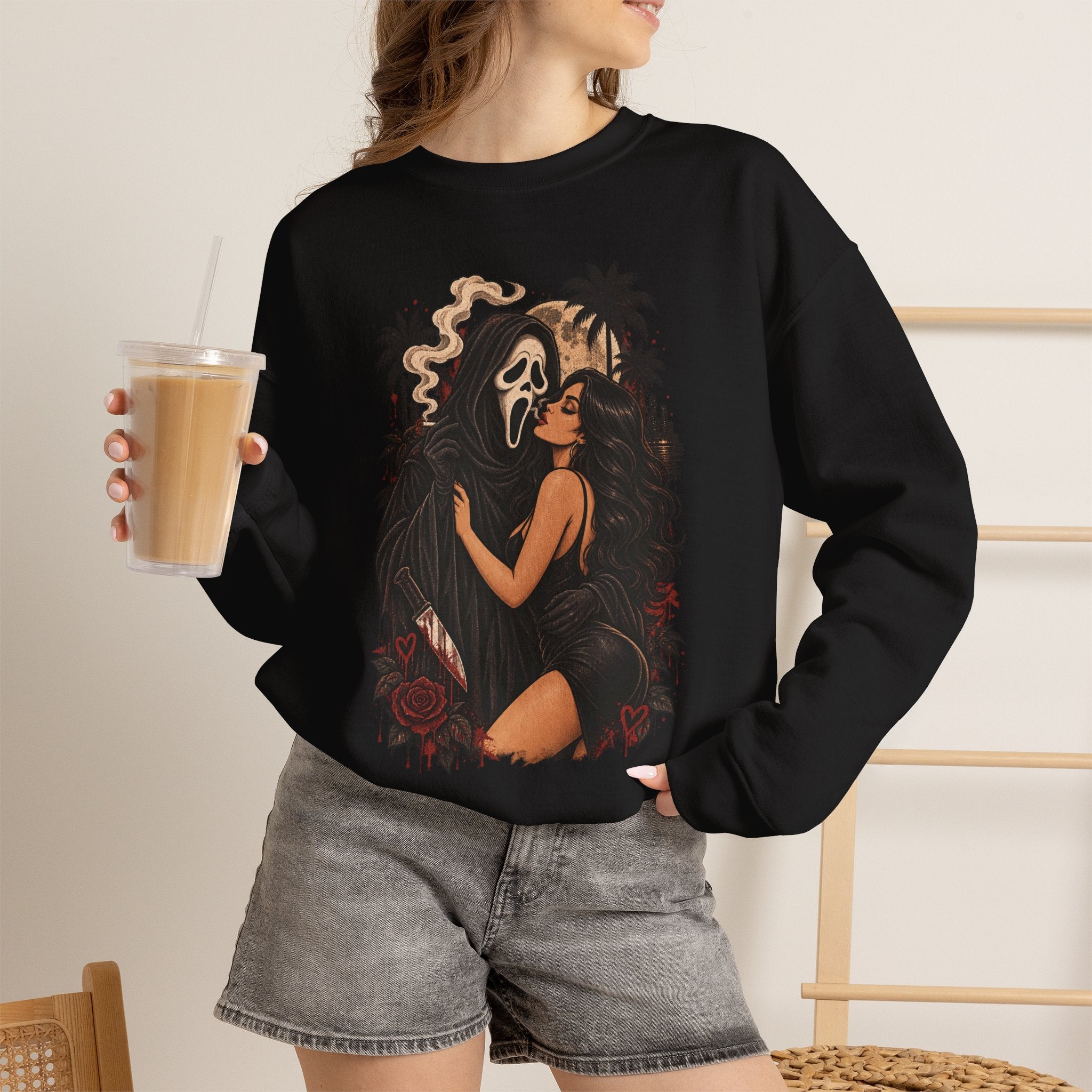 Horror Romance Crewneck Sweatshirt – Masked Ghost Embrace Graphic