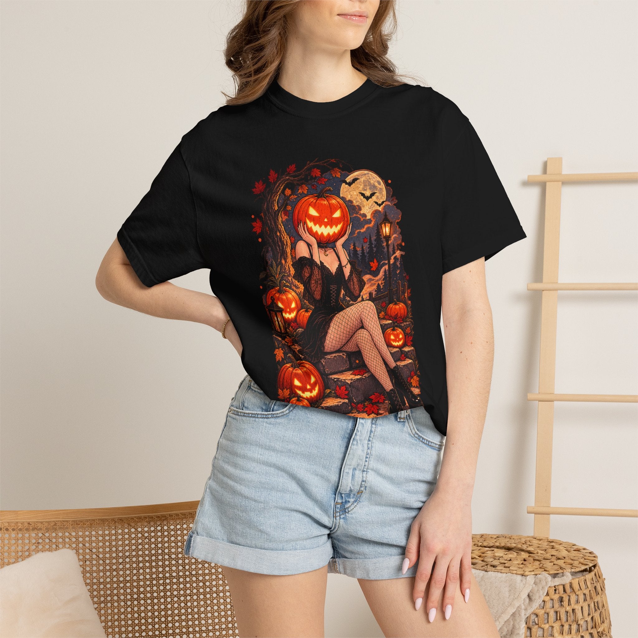 Halloween Pinup Pumpkin Girl T-Shirt – Jack-O’-Lantern Vintage Gothic Tee