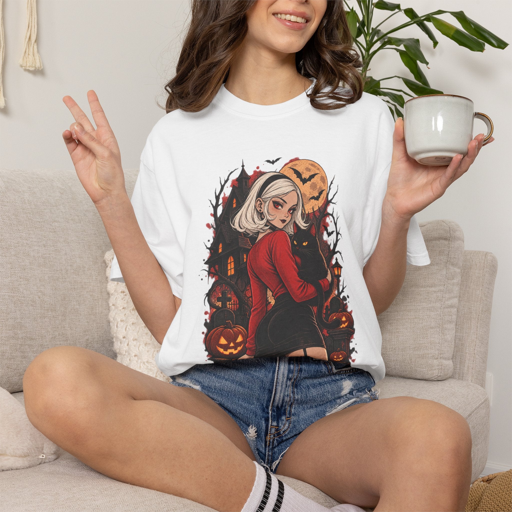Halloween Pin-Up T-Shirt — Sexy Witch Girl with Jack-O'-Lanterns