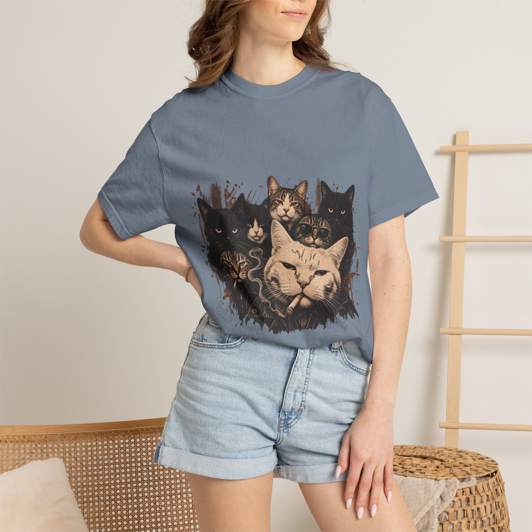 Cat Pack Garment-Dyed T-Shirt — Retro Cat Portraits Graphic Tee