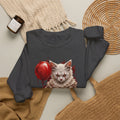 Cat Clown Crewneck Sweatshirt — Creepy Cat Holding Red Balloon Halloween Pullover