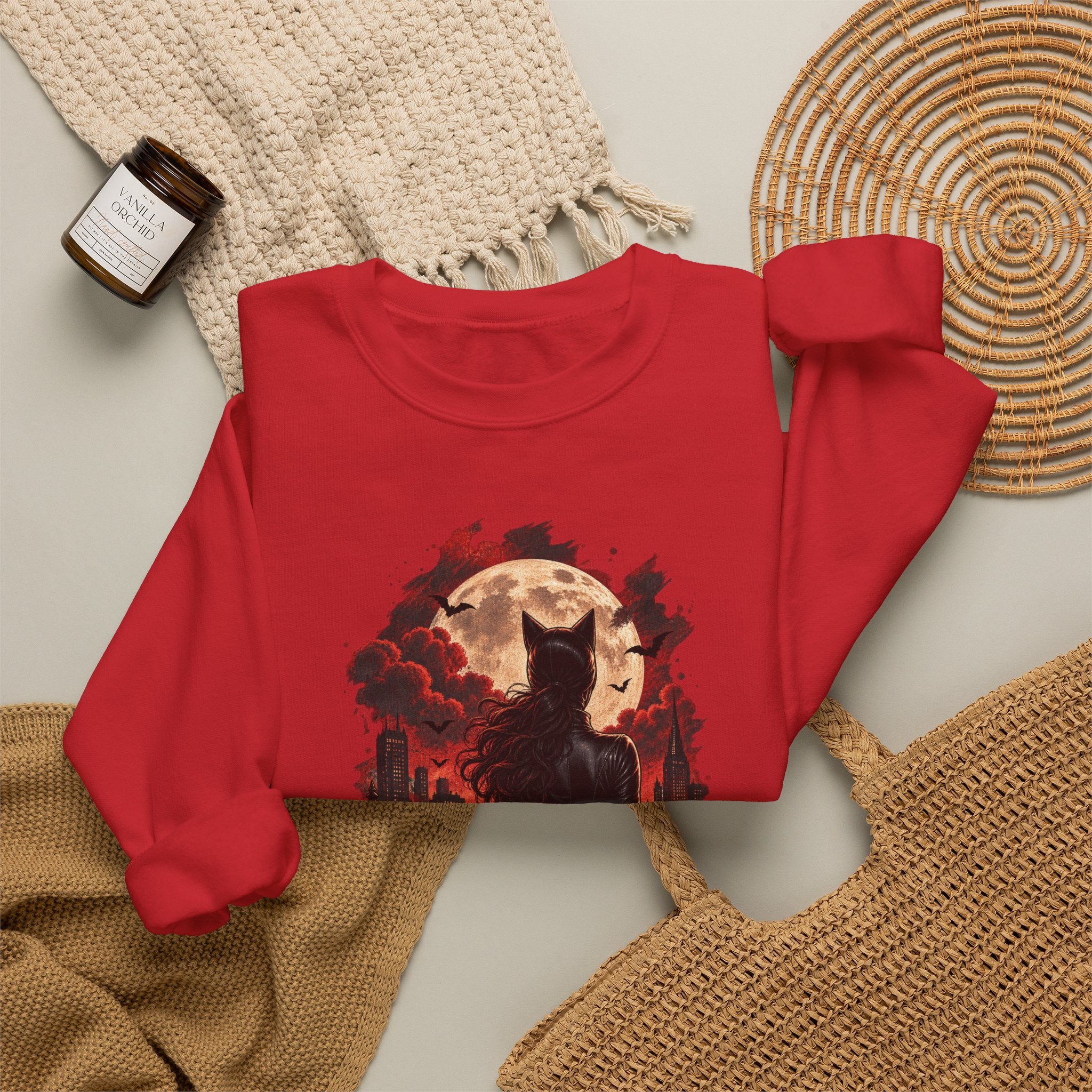 Black Cat Moon Crewneck Sweatshirt — Gothic Halloween Cat Graphic