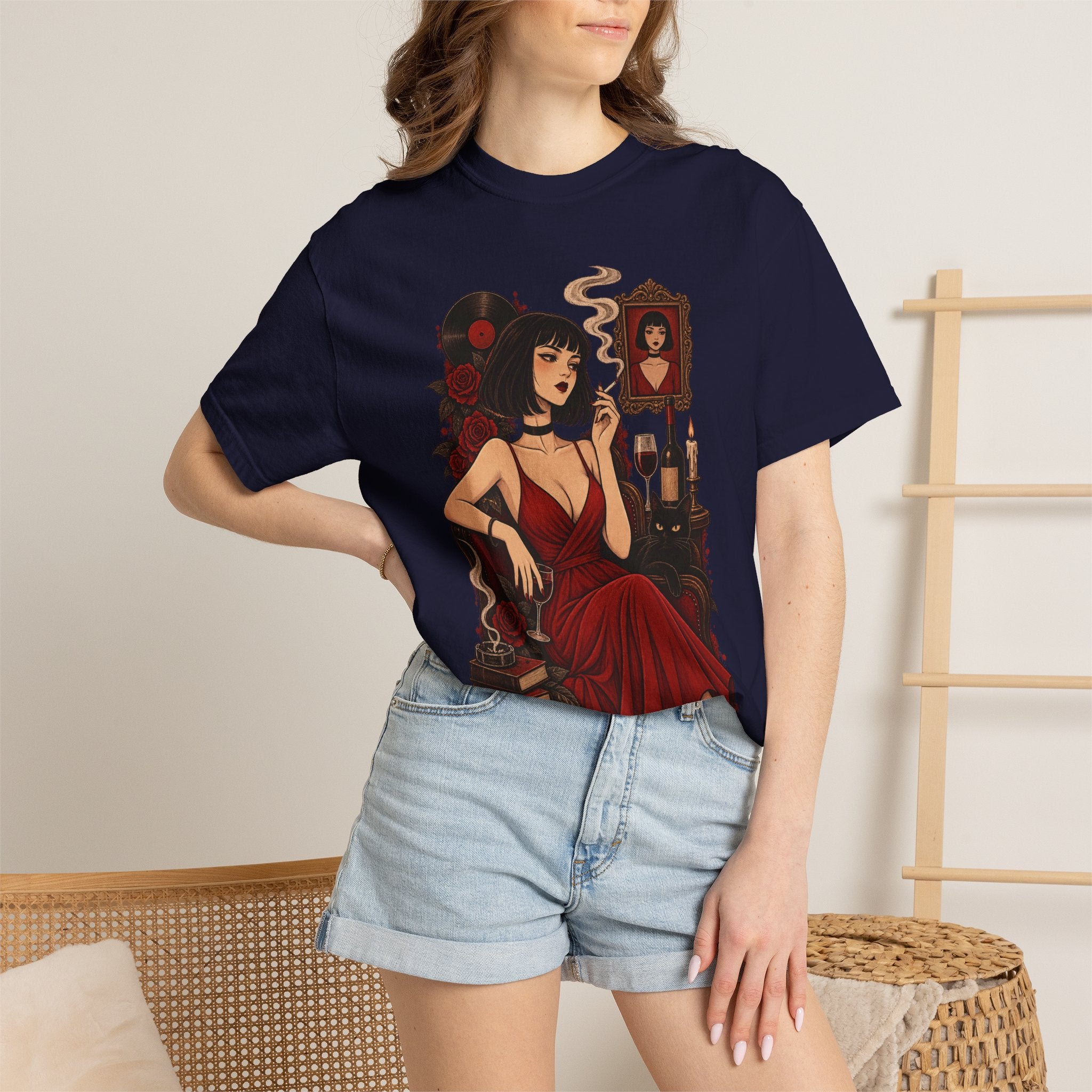 Vampy Noir Lady Graphic T-Shirt — Gothic Red Dress Illustration