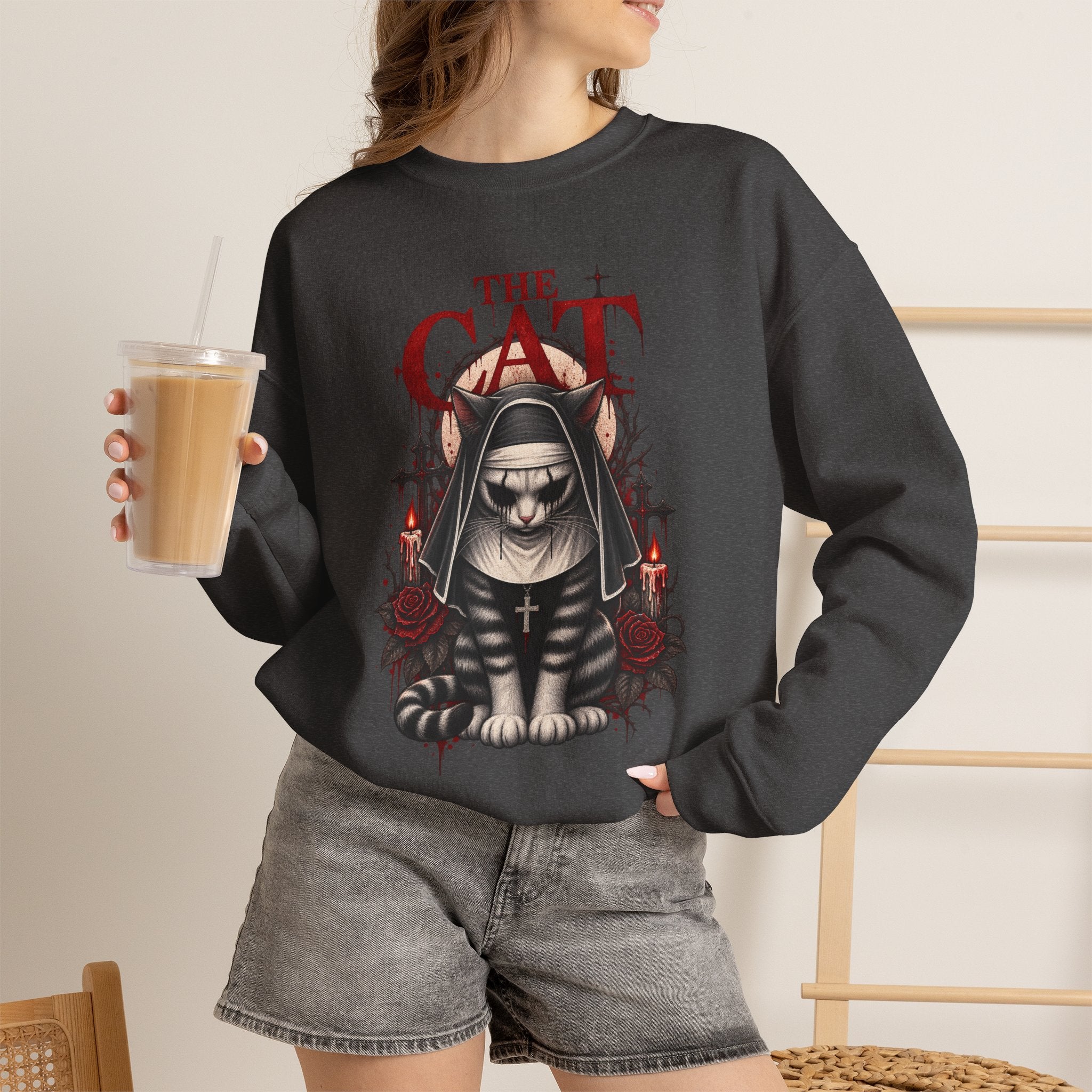 Cat Nun Graphic Sweatshirt — Gothic 'The Cat' Design