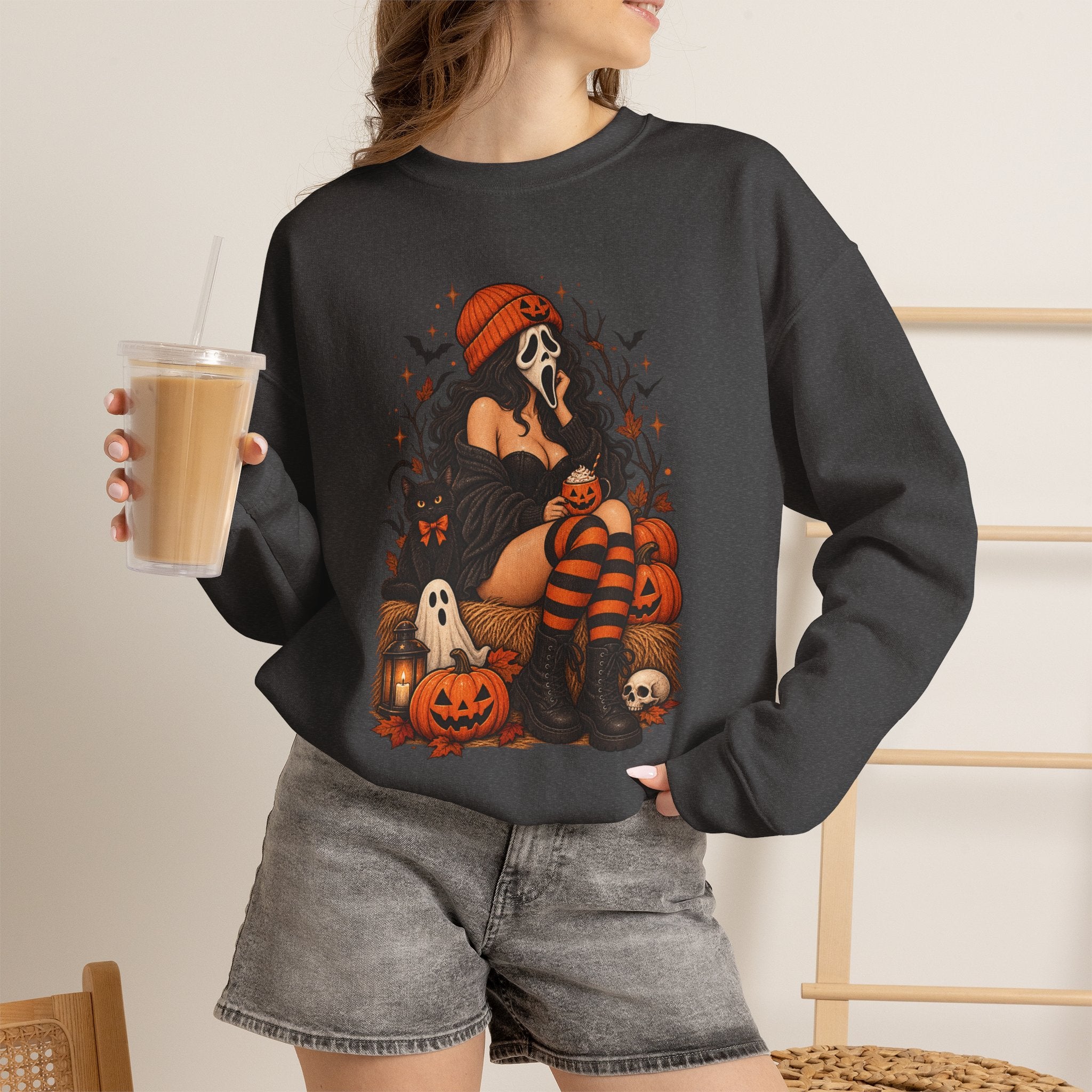 Halloween Crewneck Sweatshirt — Cozy Gothic Pumpkin & Skull Design