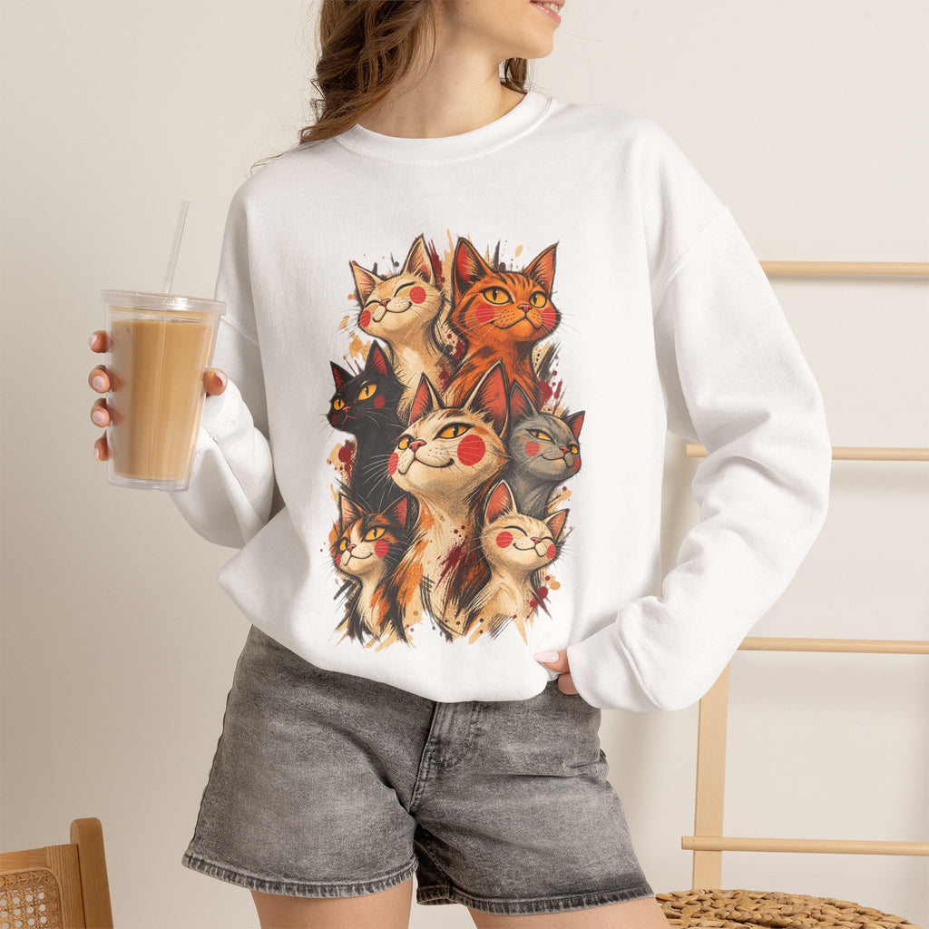 Cat Pack Crewneck Sweatshirt — Whimsical Multi-Cat Illustration