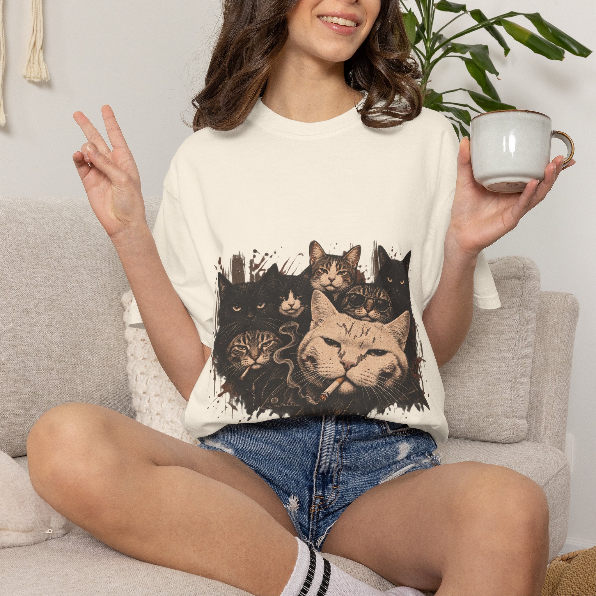 Cat Pack Garment-Dyed T-Shirt — Retro Cat Portraits Graphic Tee