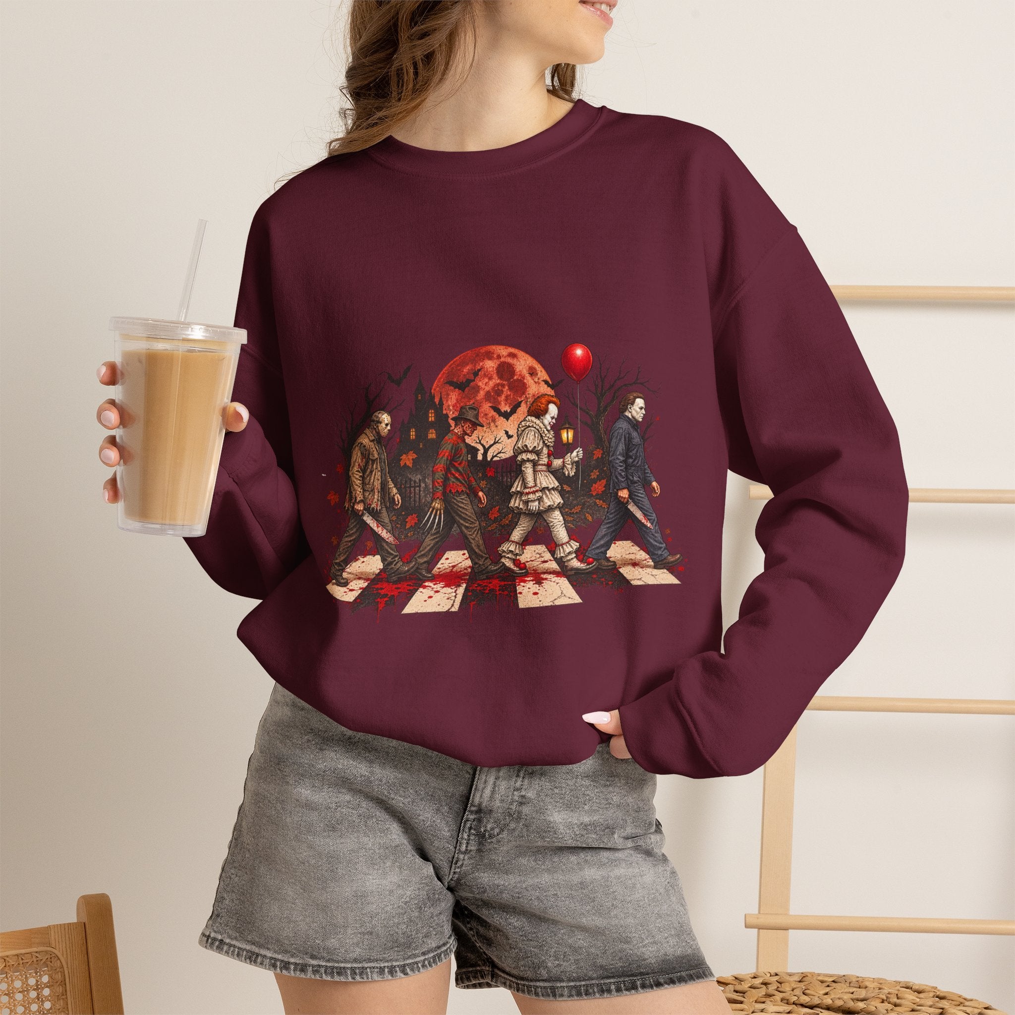 Horror Movie Icons Crewneck Sweatshirt — Pennywise, Jason & Slasher Silhouette Design