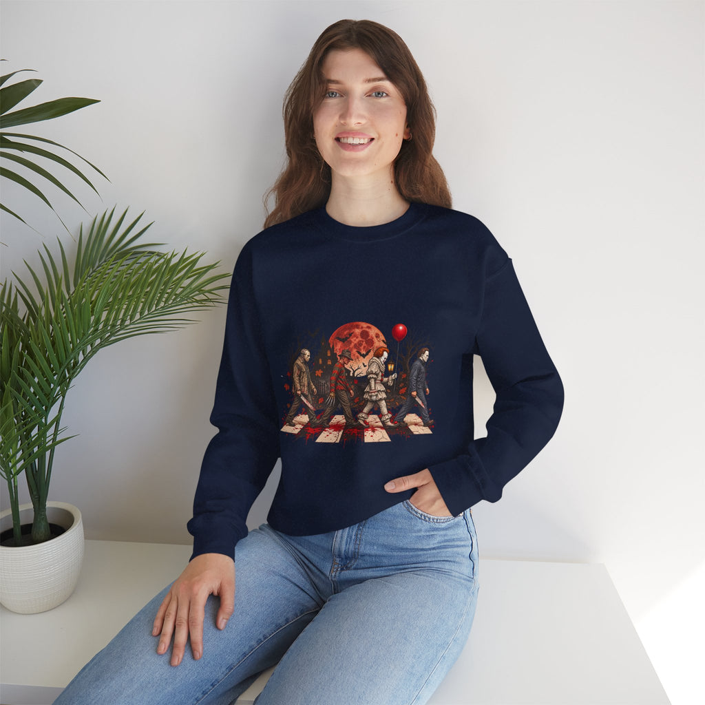 Horror Movie Icons Crewneck Sweatshirt — Pennywise, Jason & Slasher Silhouette Design