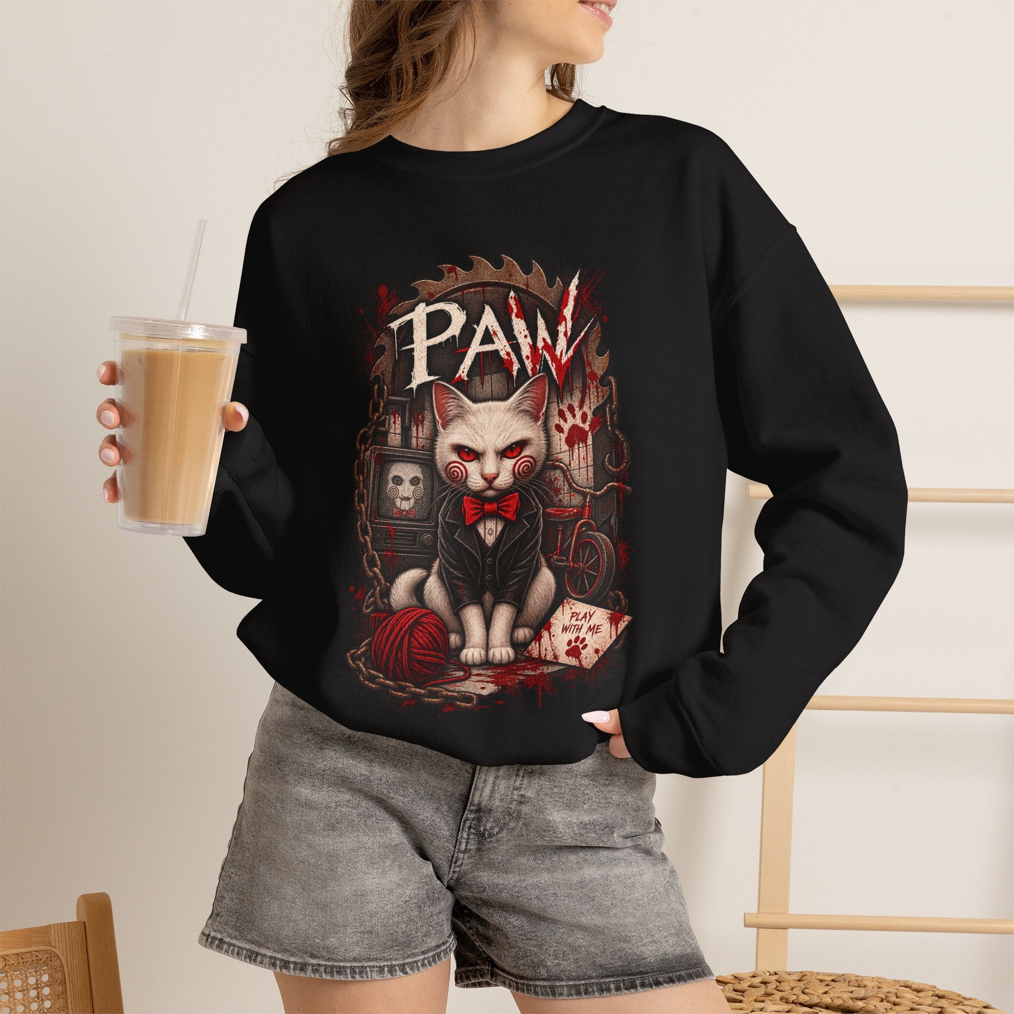 Horror Cat Crewneck Sweatshirt — "Paw" Gothic Killer Cat Graphic