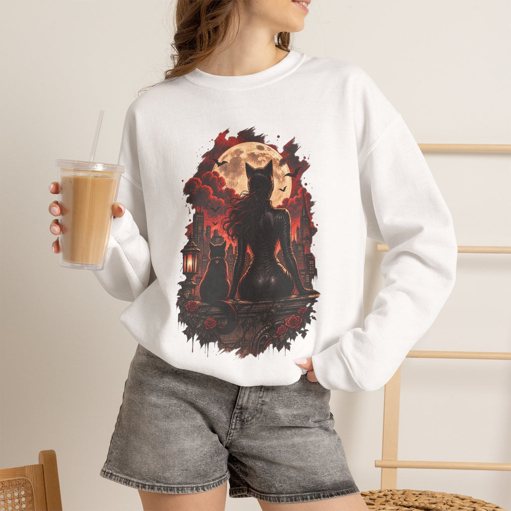 Black Cat Moon Crewneck Sweatshirt — Gothic Halloween Cat Graphic
