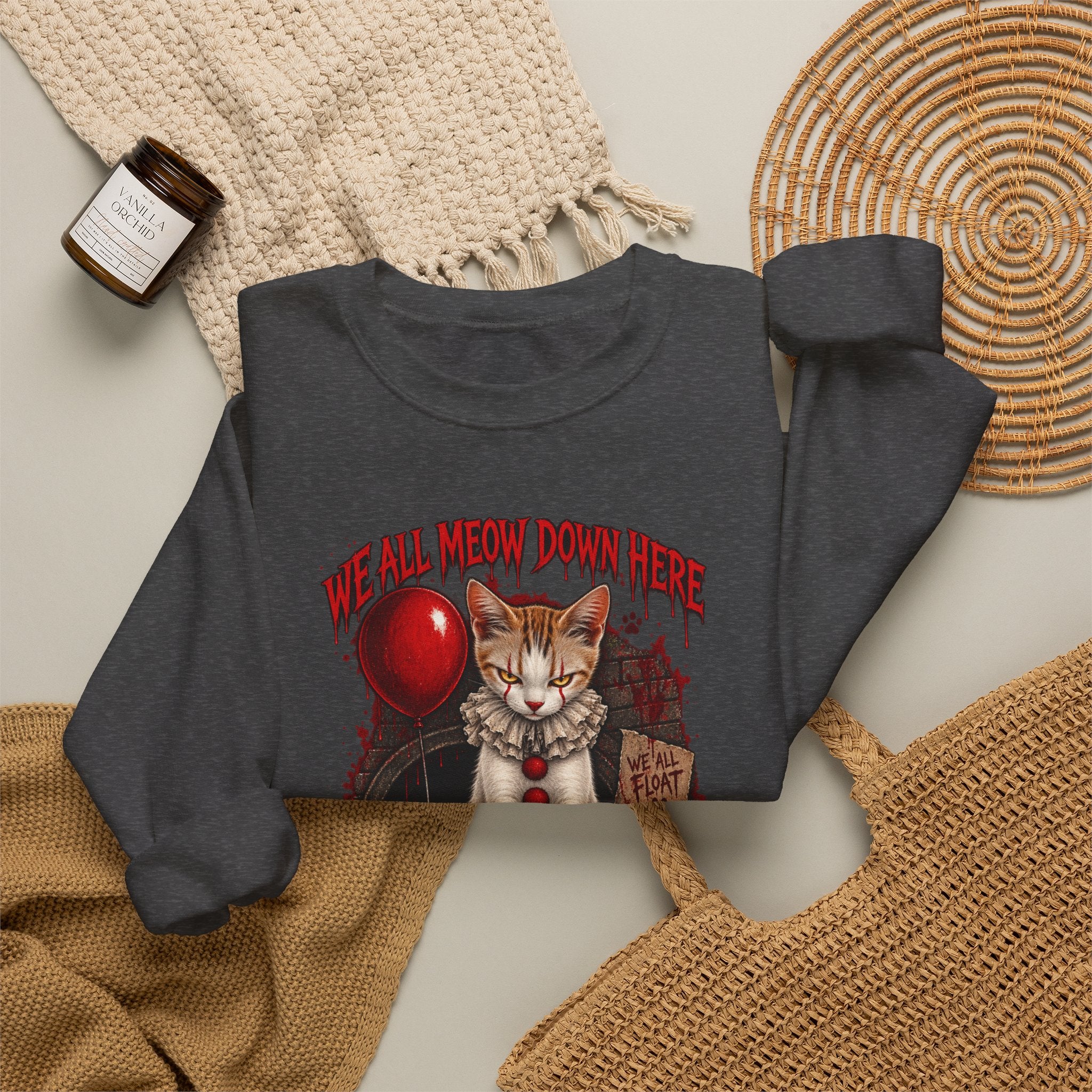Horror Cat Crewneck Sweatshirt — "Kitten" Creepy Balloon Graphic