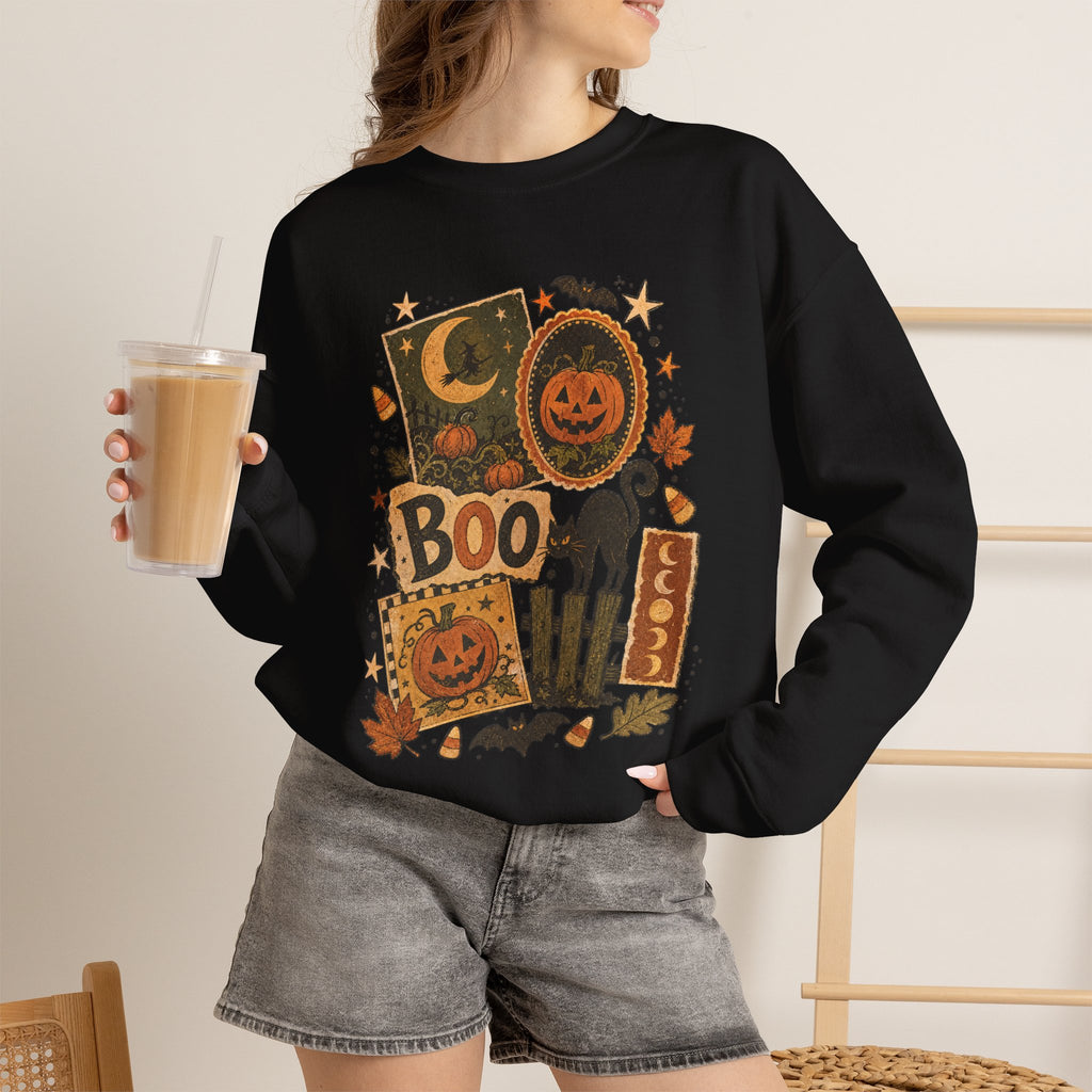 Halloween Vintage Patchwork Sweatshirt – 'Boo' Jack-o'-Lantern Crewneck