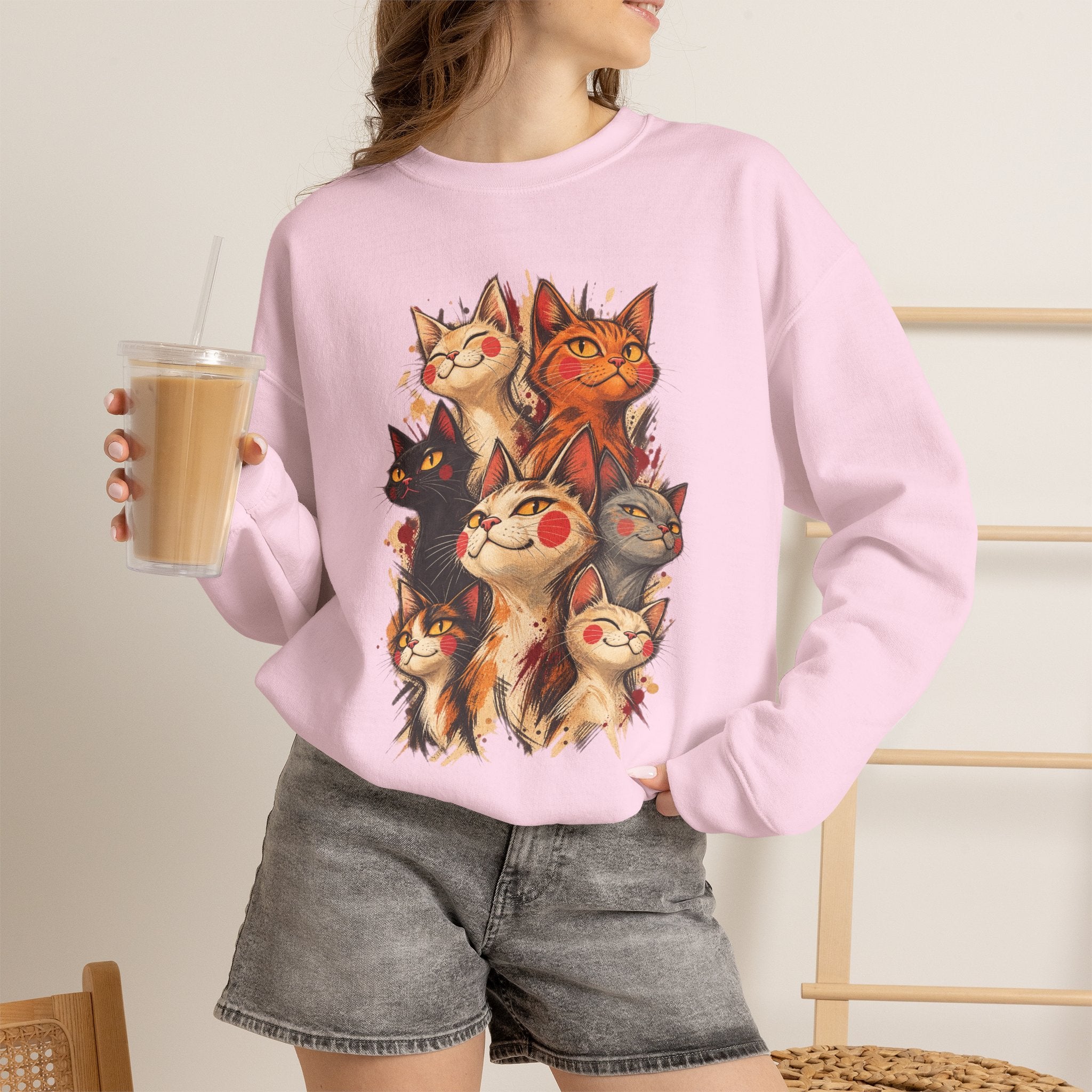 Cat Pack Crewneck Sweatshirt — Whimsical Multi-Cat Illustration