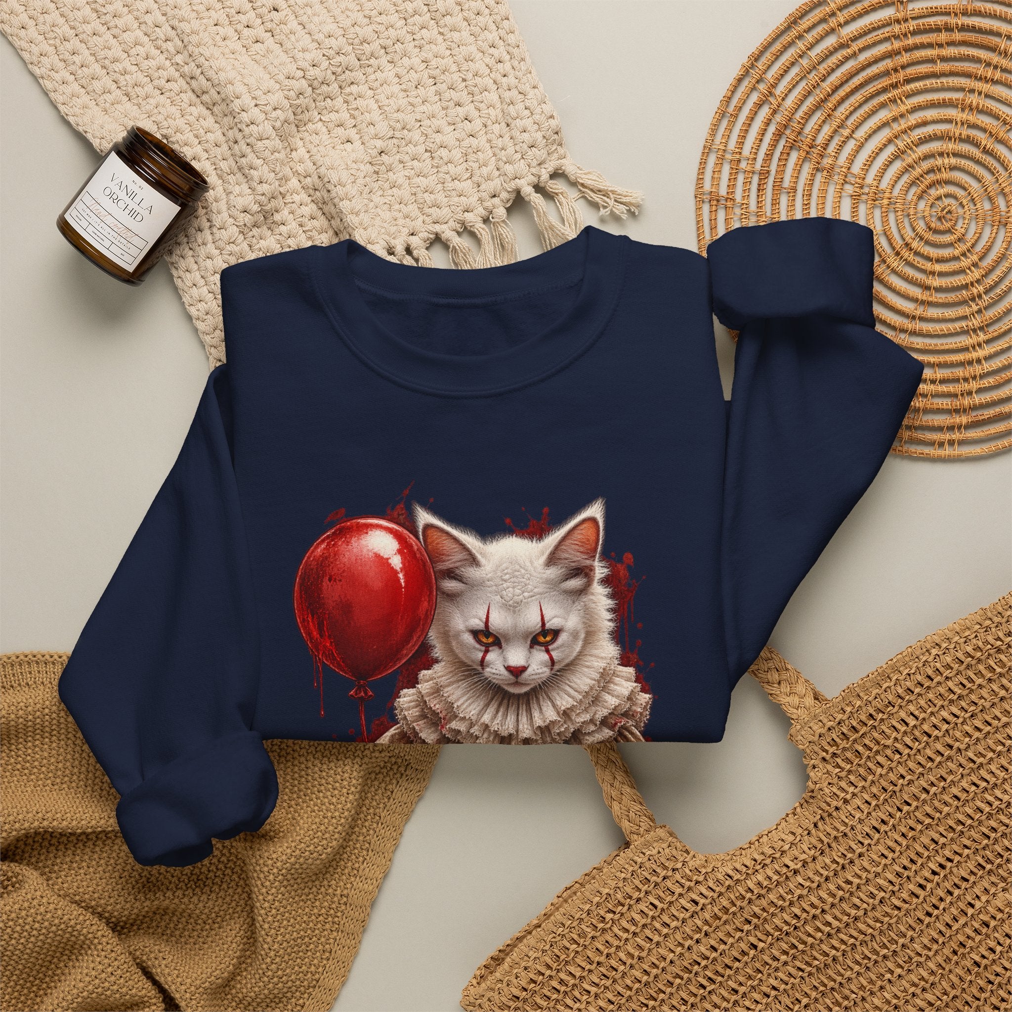 Cat Clown Crewneck Sweatshirt — Creepy Cat Holding Red Balloon Halloween Pullover