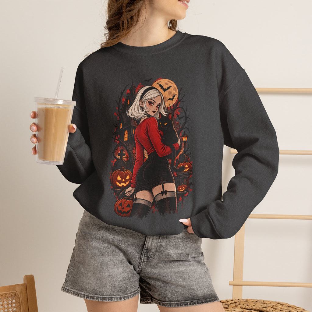 Halloween Pinup Crewneck Sweatshirt — Spooky Girl Pumpkin Design