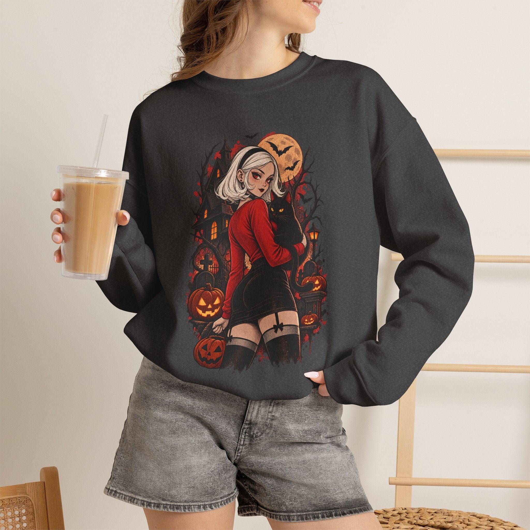 Halloween Pinup Crewneck Sweatshirt — Spooky Girl Pumpkin Design