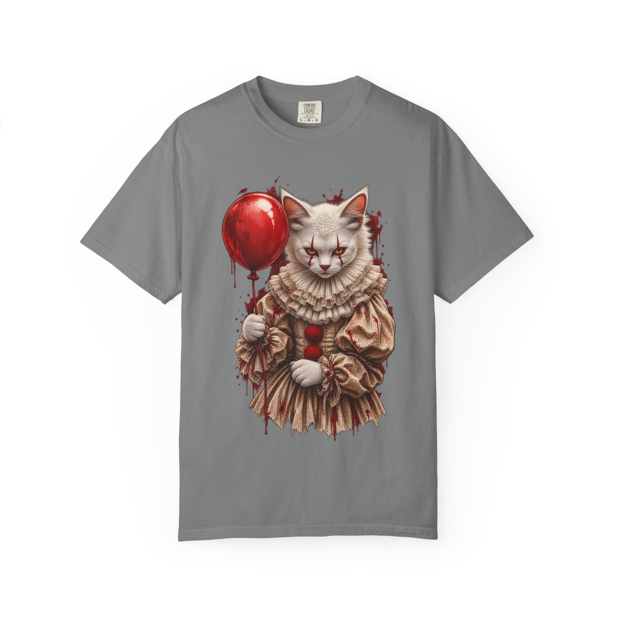 Horror Clown Cat T-Shirt — Creepy Victorian Cat with Red Balloon