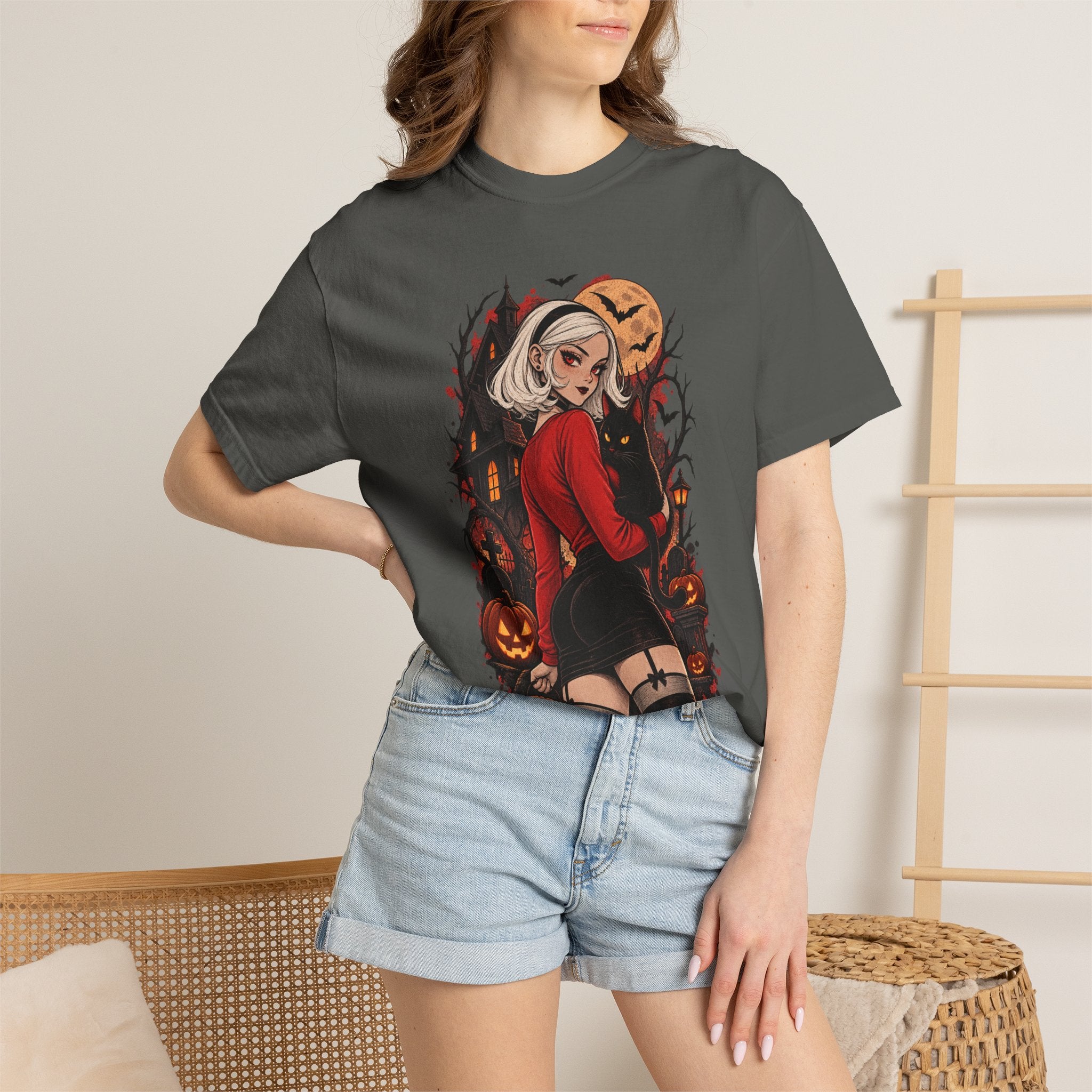 Halloween Pin-Up T-Shirt — Sexy Witch Girl with Jack-O'-Lanterns