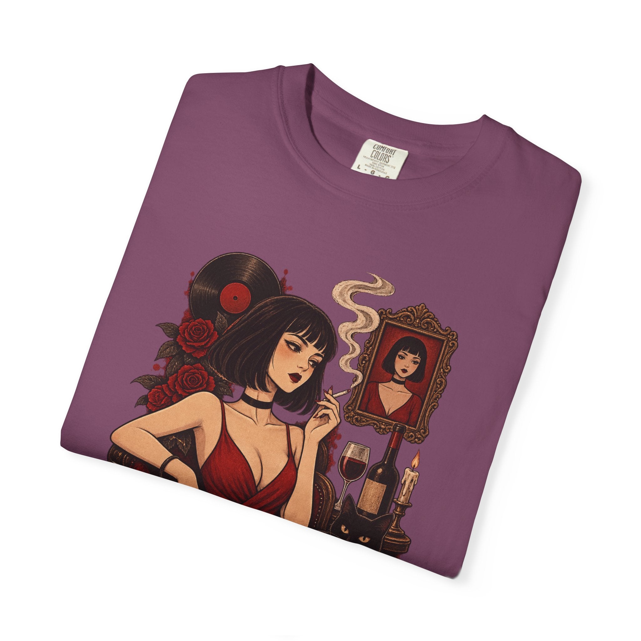 Vampy Noir Lady Graphic T-Shirt — Gothic Red Dress Illustration