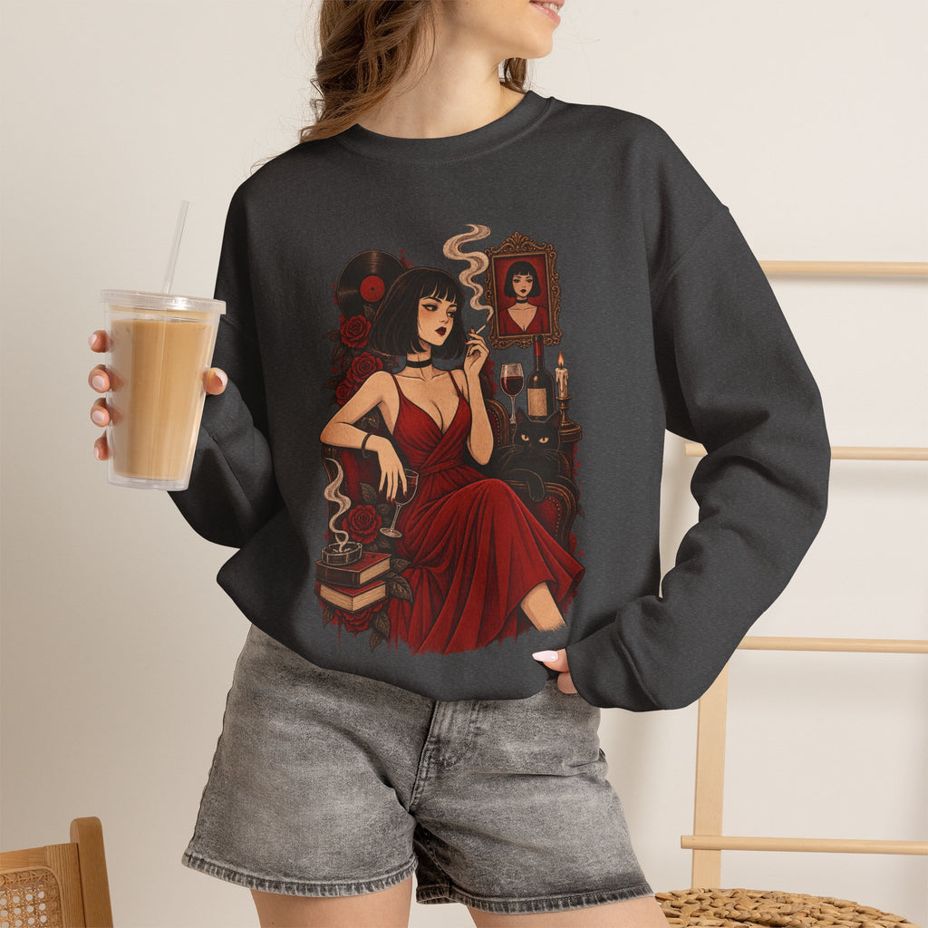 Gothic Noir Crewneck Sweatshirt — "Midnight Parlour" Retro Vampire Femme Design