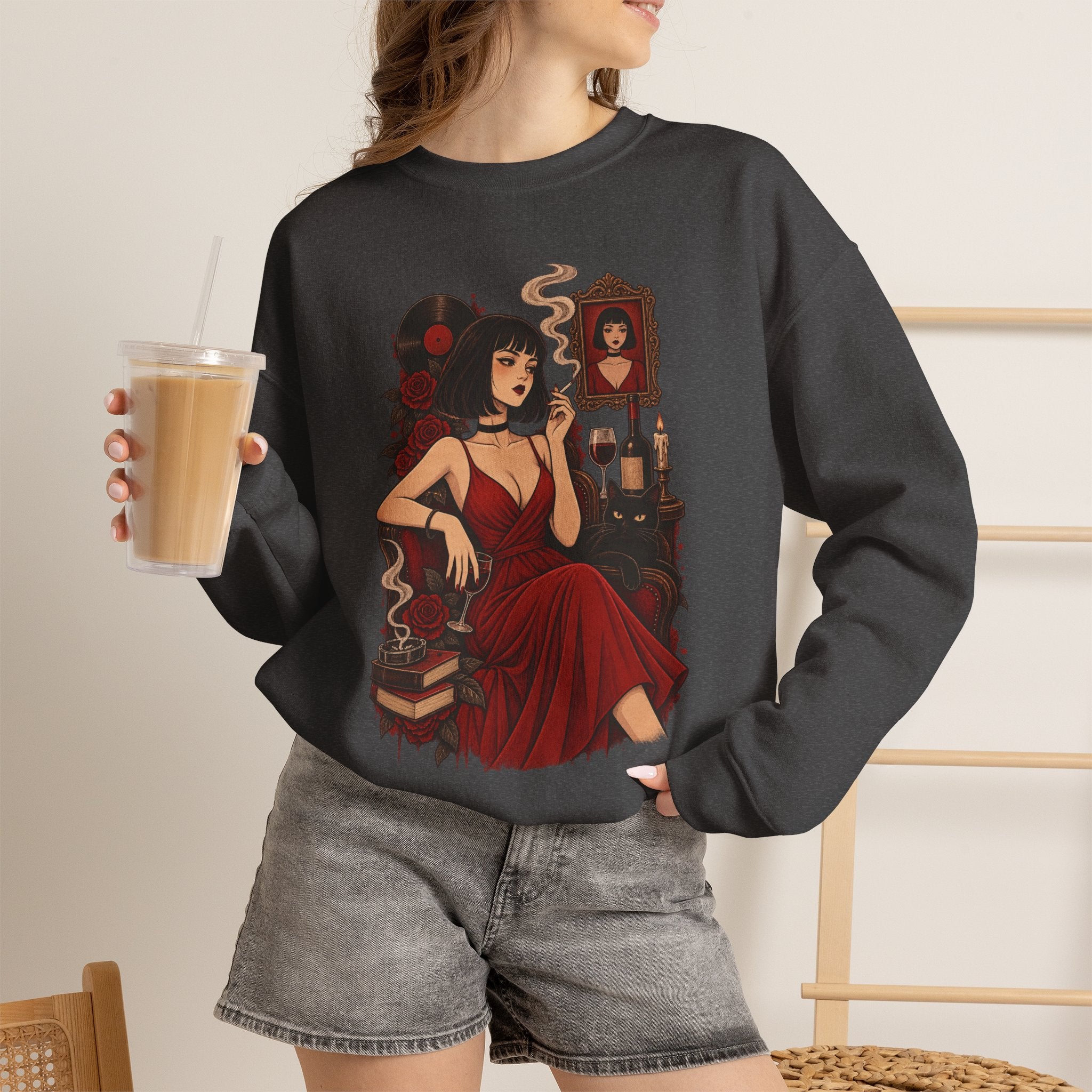 Gothic Noir Crewneck Sweatshirt — "Midnight Parlour" Retro Vampire Femme Design