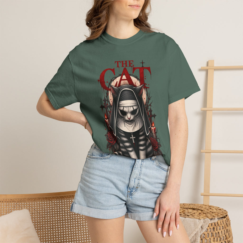 Gothic 'The Cat' T-Shirt — Nun Cat with Roses & Crosses