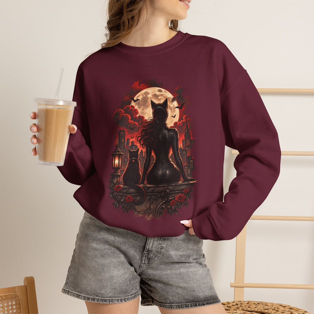 Black Cat Moon Crewneck Sweatshirt — Gothic Halloween Cat Graphic