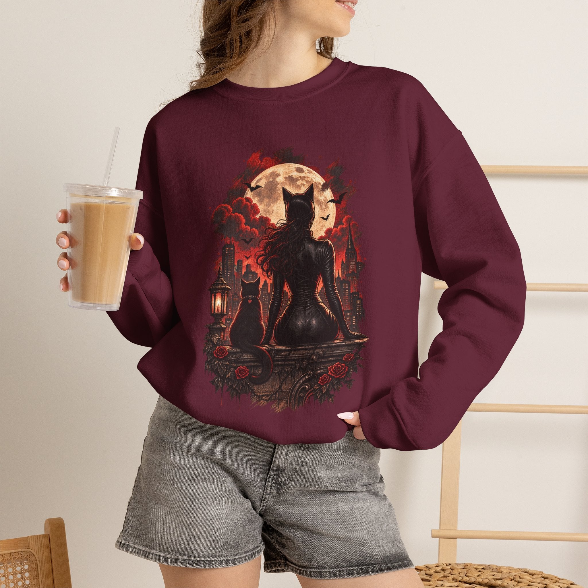 Black Cat Moon Crewneck Sweatshirt — Gothic Halloween Cat Graphic