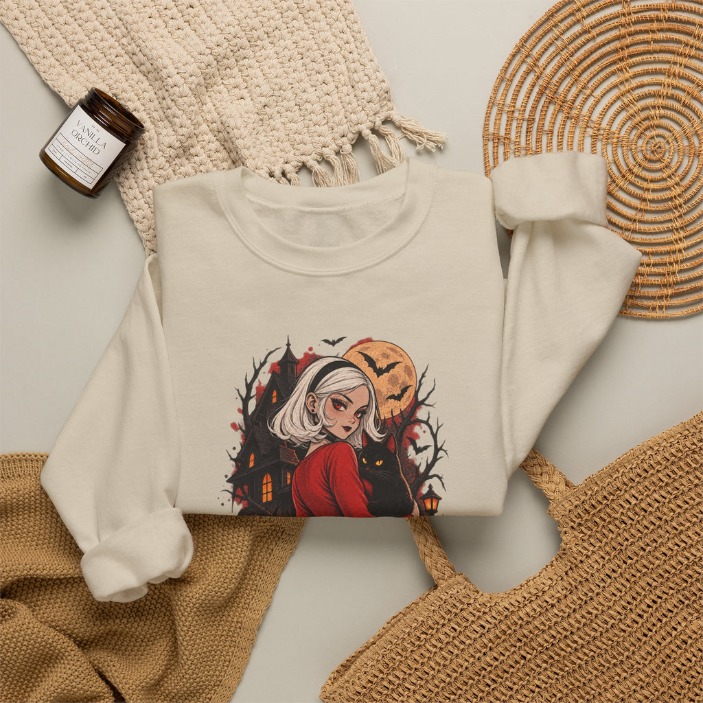 Halloween Pinup Crewneck Sweatshirt — Spooky Girl Pumpkin Design