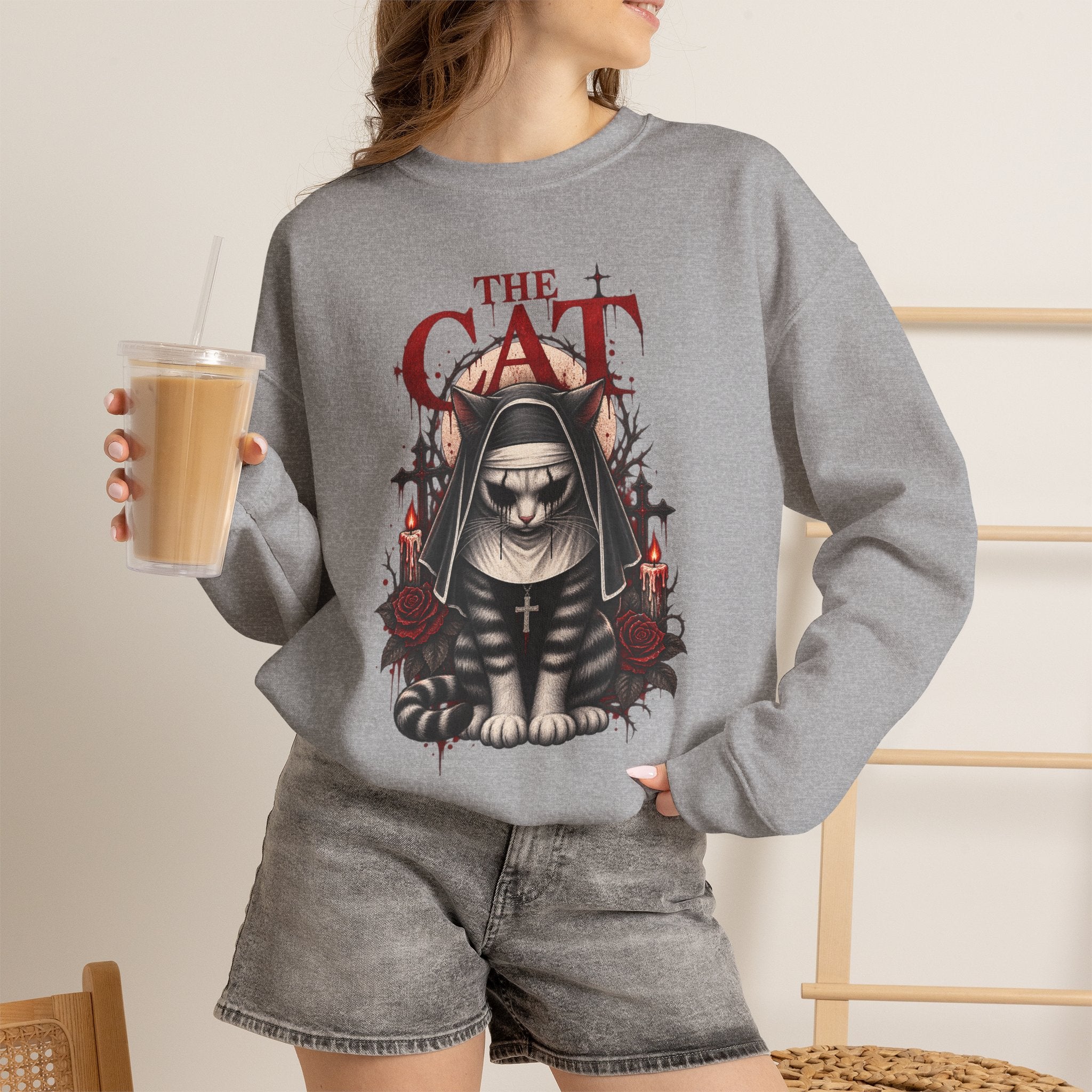Cat Nun Graphic Sweatshirt — Gothic 'The Cat' Design