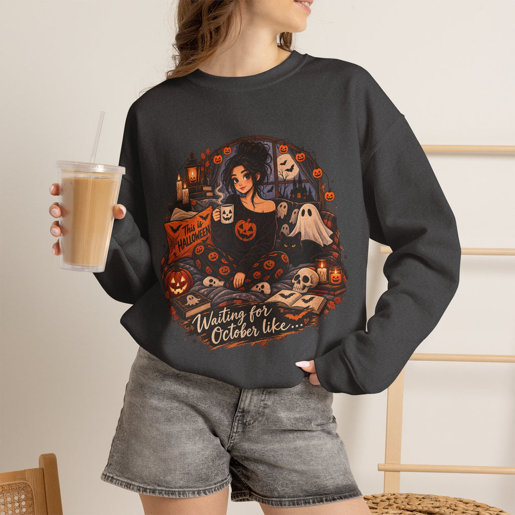 Halloween Cozy Crewneck Sweatshirt – "Waiting for October Like..." Gothic Pumpkin Design
