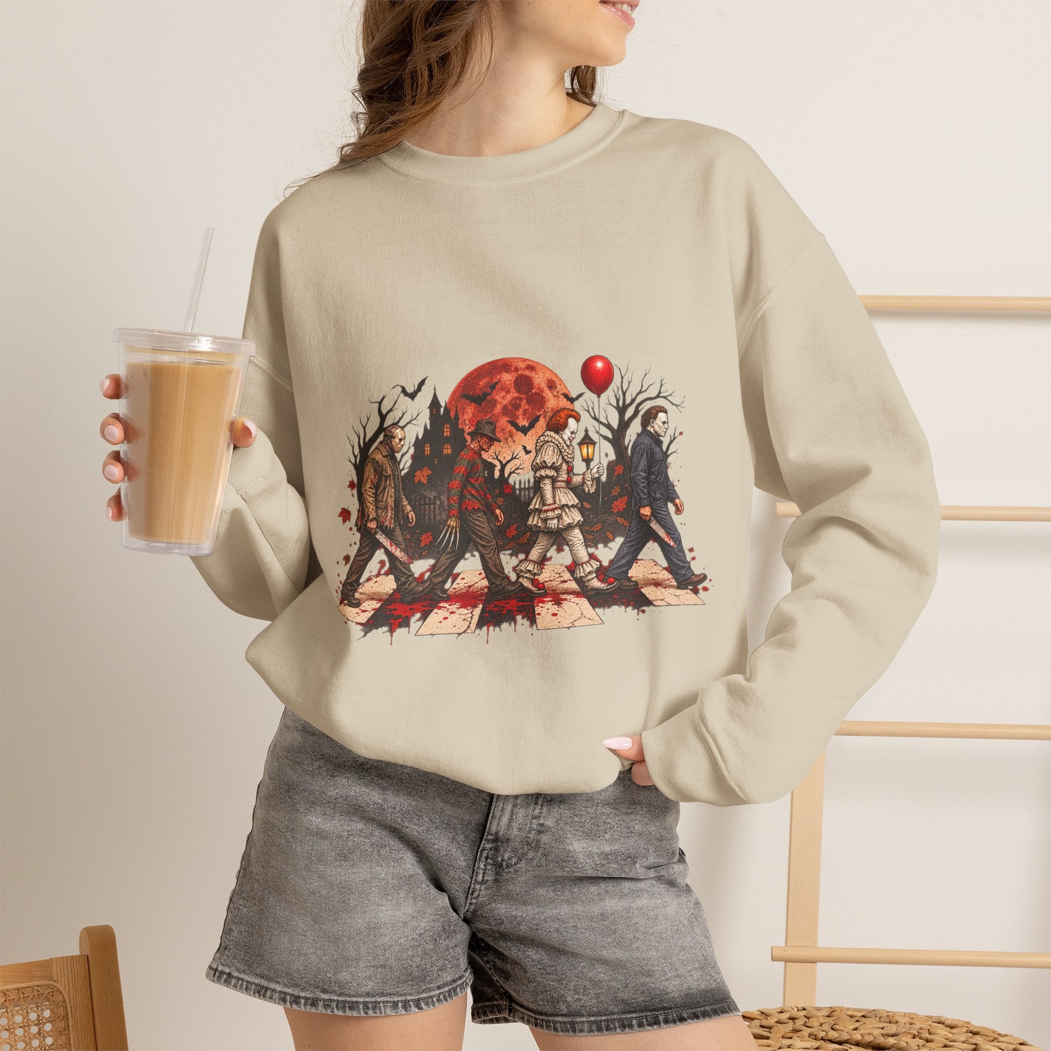 Horror Movie Icons Crewneck Sweatshirt — Pennywise, Jason & Slasher Silhouette Design
