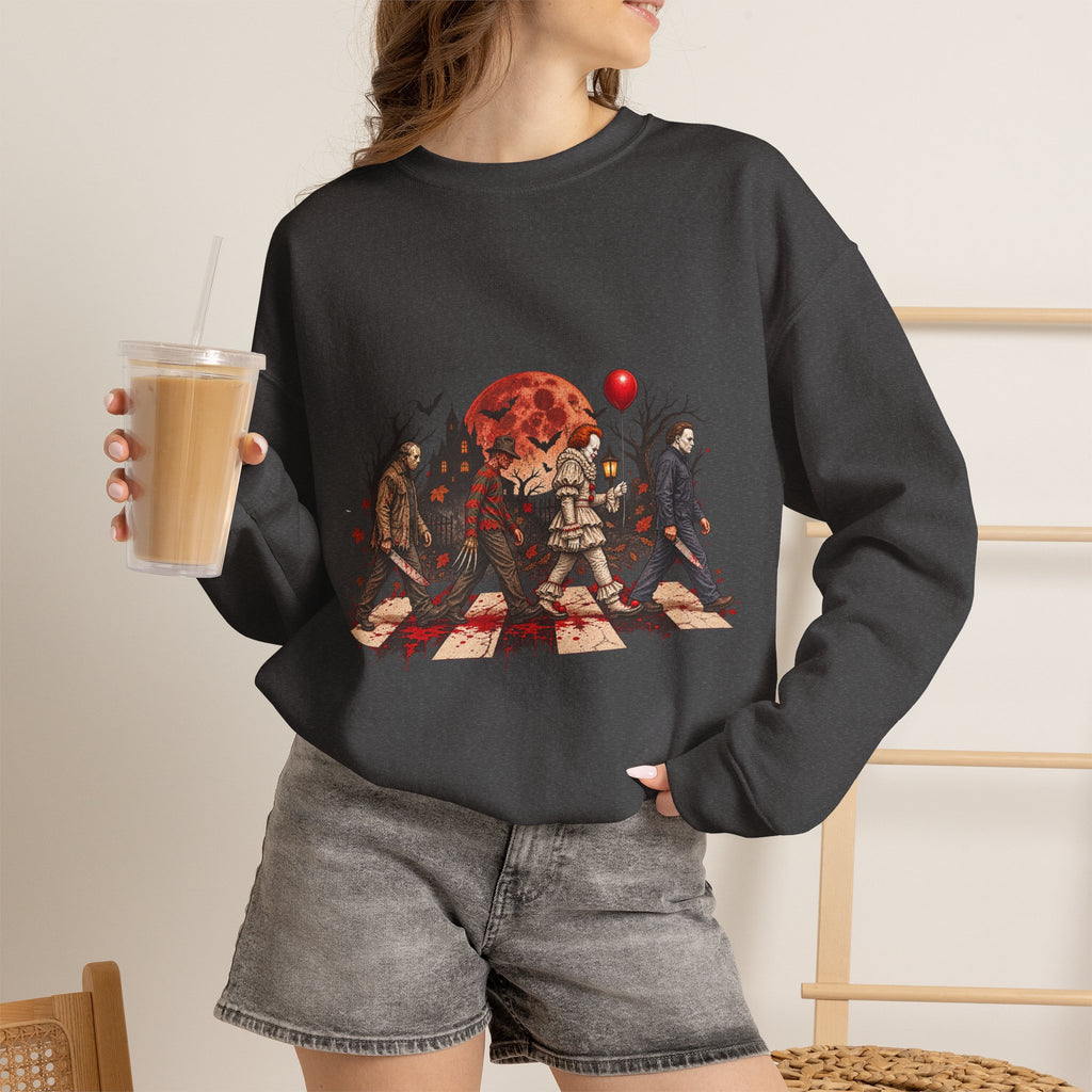 Horror Movie Icons Crewneck Sweatshirt — Pennywise, Jason & Slasher Silhouette Design