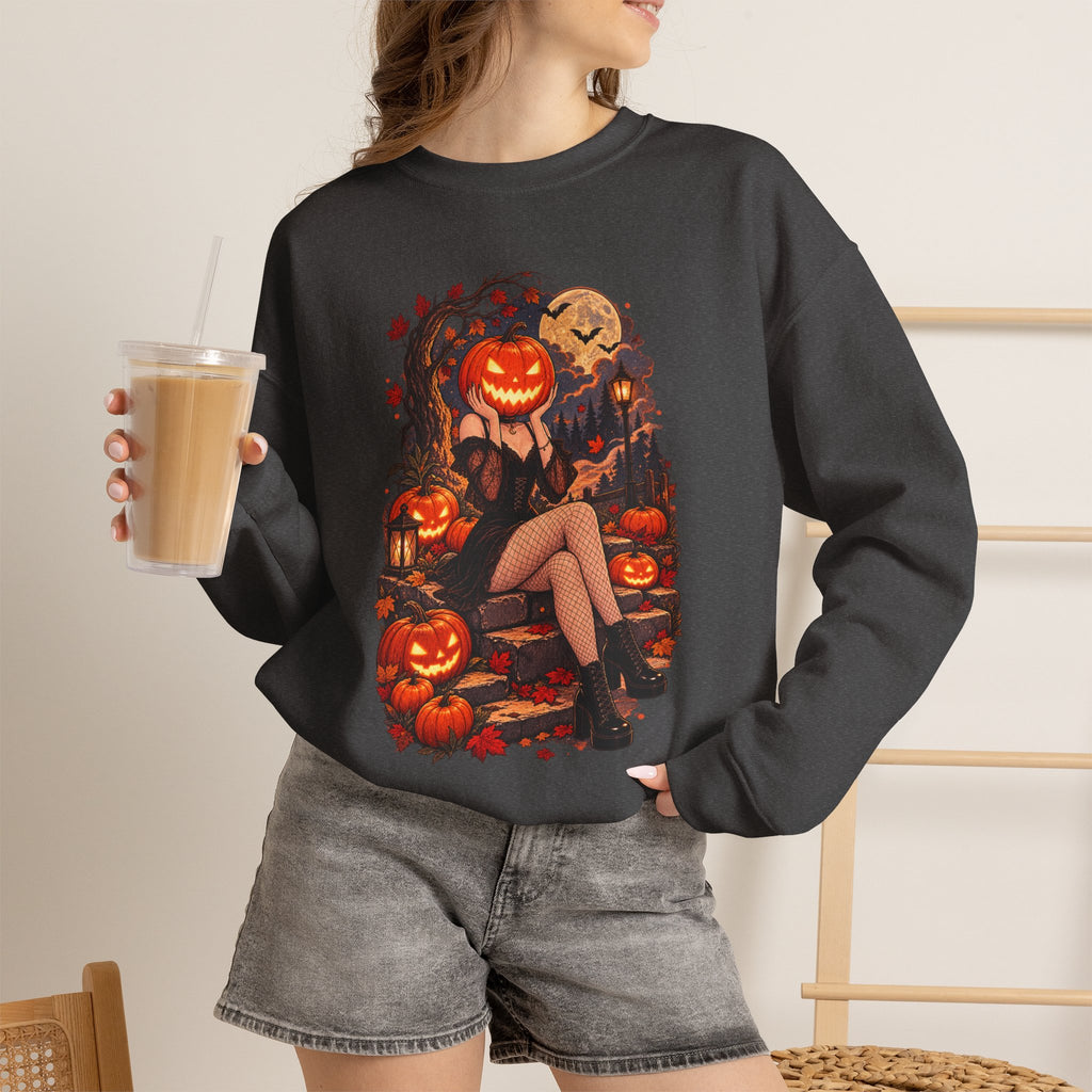 Halloween Pumpkin Girl Crewneck Sweatshirt — Spooky Autumn Graphic Sweatshirt