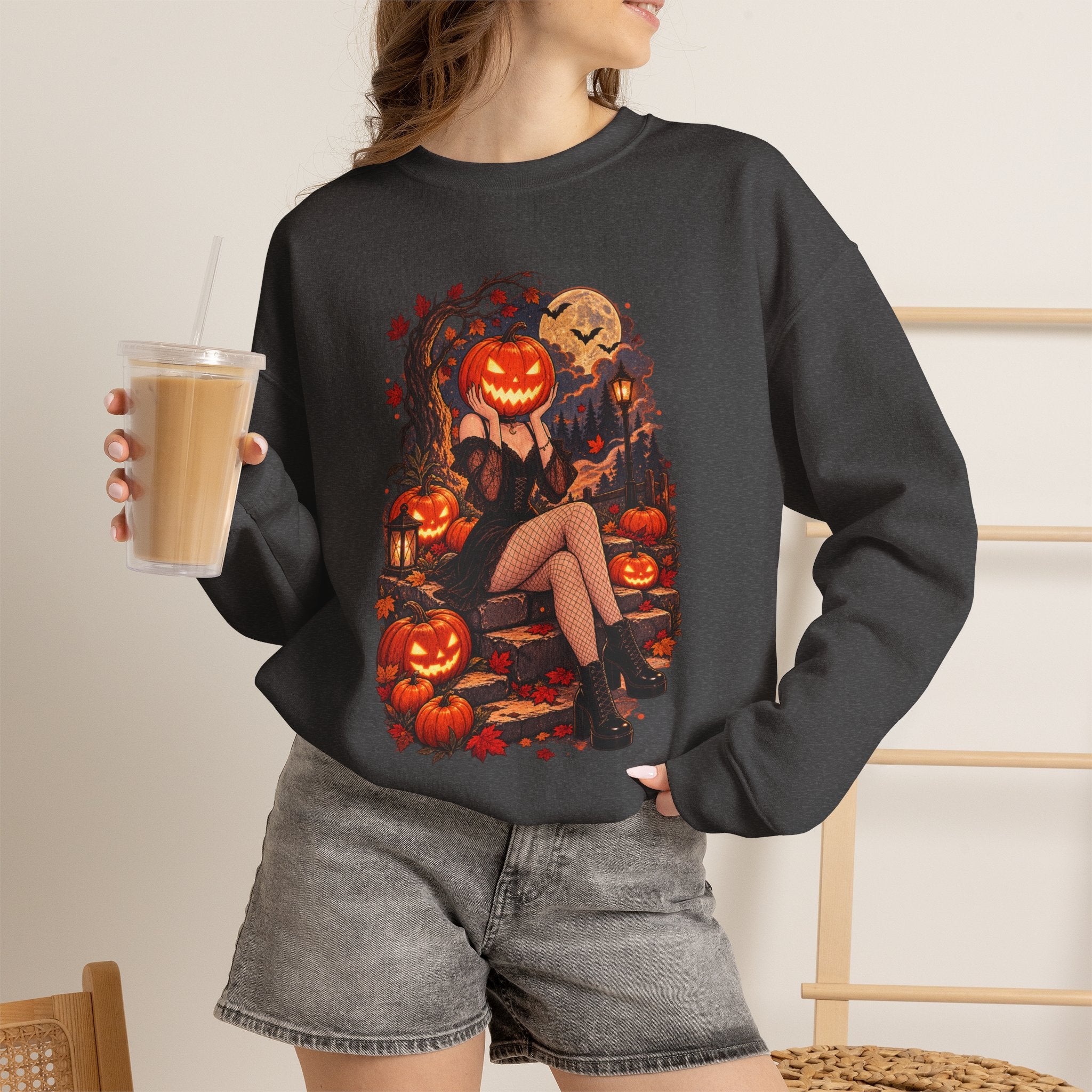 Halloween Pumpkin Girl Crewneck Sweatshirt — Spooky Autumn Graphic Sweatshirt
