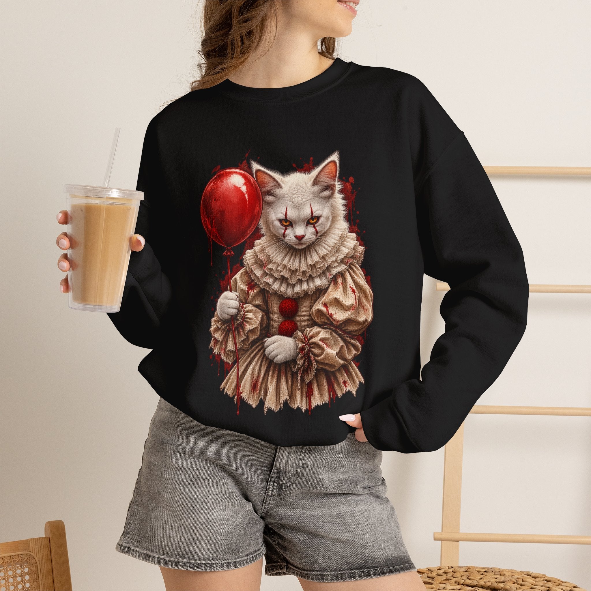 Cat Clown Crewneck Sweatshirt — Creepy Cat Holding Red Balloon Halloween Pullover
