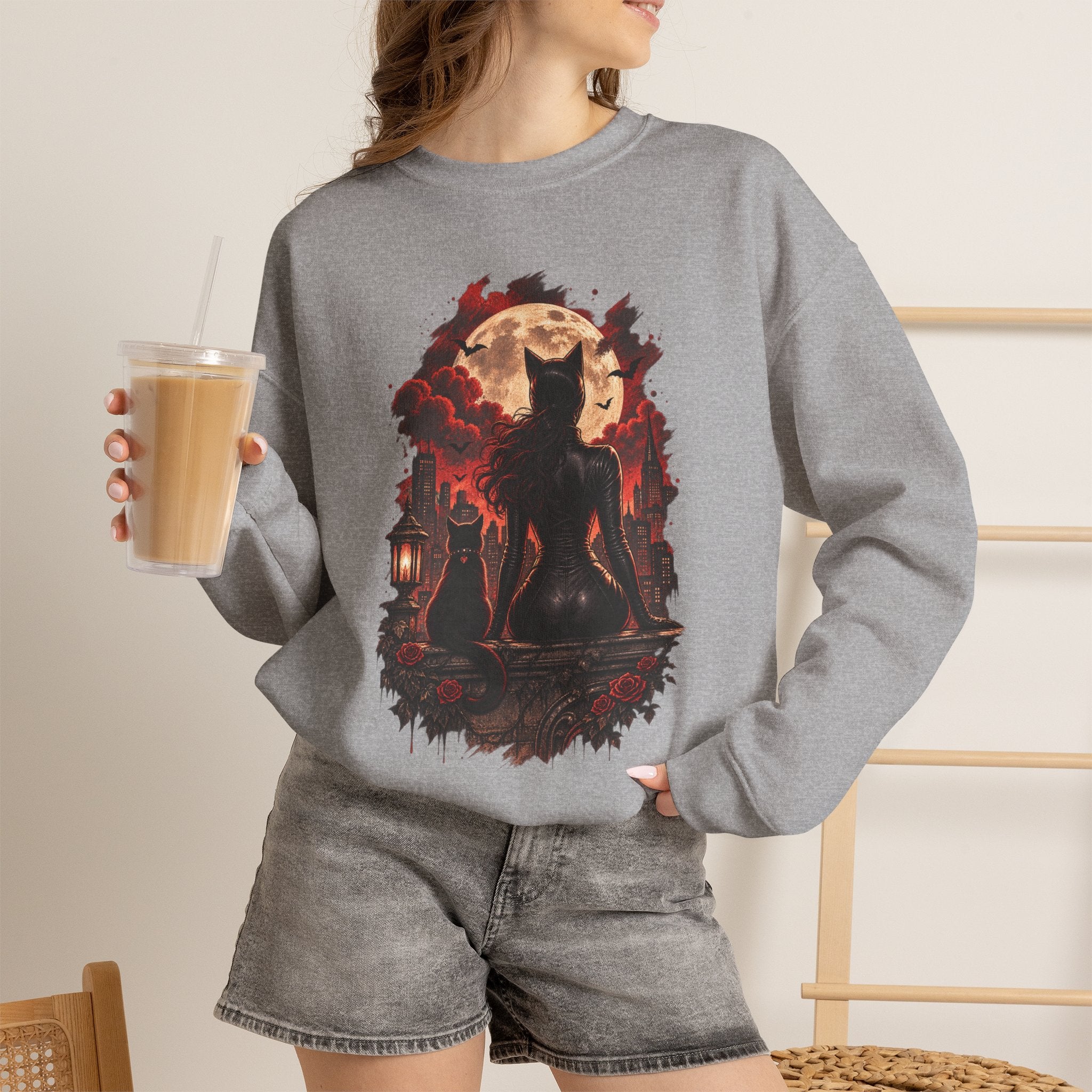 Black Cat Moon Crewneck Sweatshirt — Gothic Halloween Cat Graphic