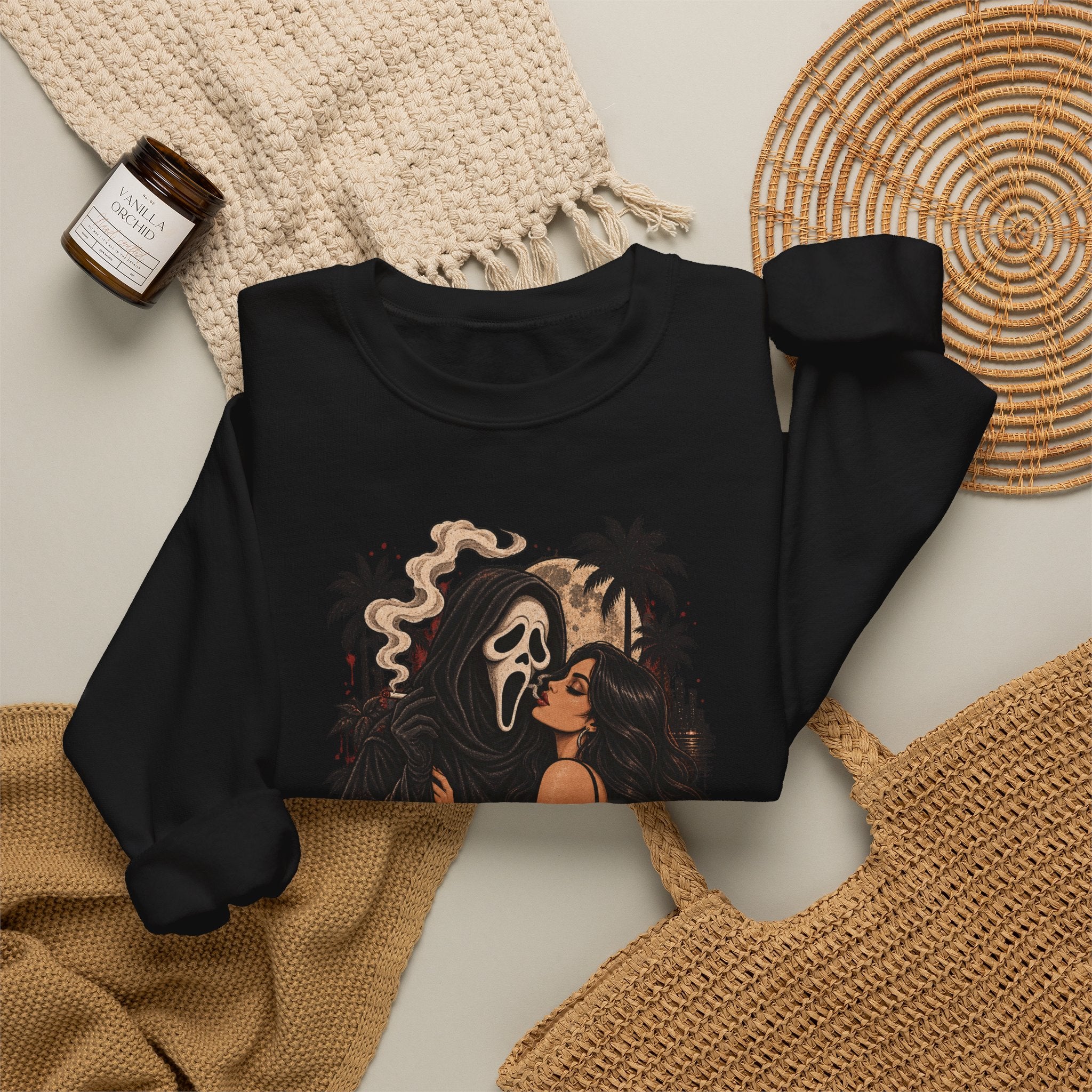 Horror Romance Crewneck Sweatshirt – Masked Ghost Embrace Graphic