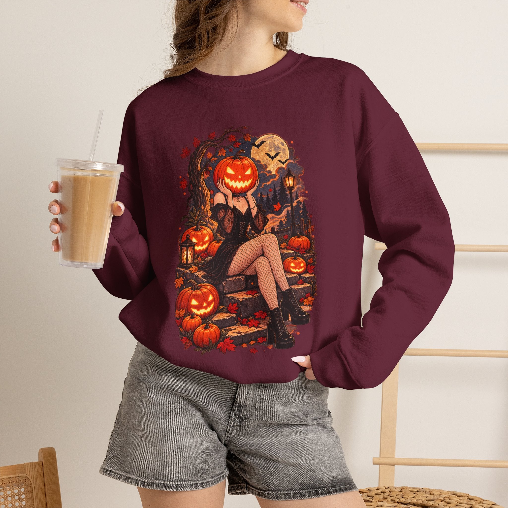 Halloween Pumpkin Girl Crewneck Sweatshirt — Spooky Autumn Graphic Sweatshirt