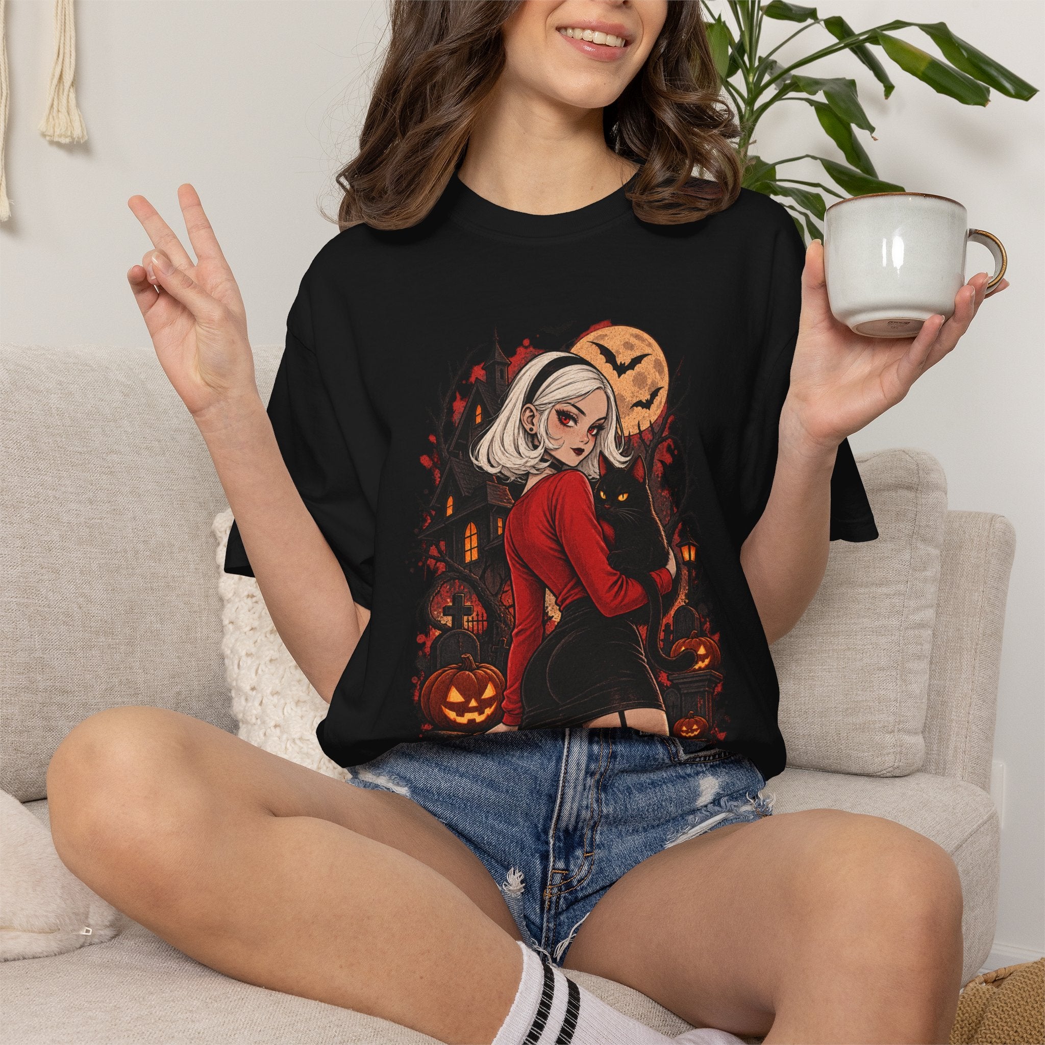 Halloween Pin-Up T-Shirt — Sexy Witch Girl with Jack-O'-Lanterns