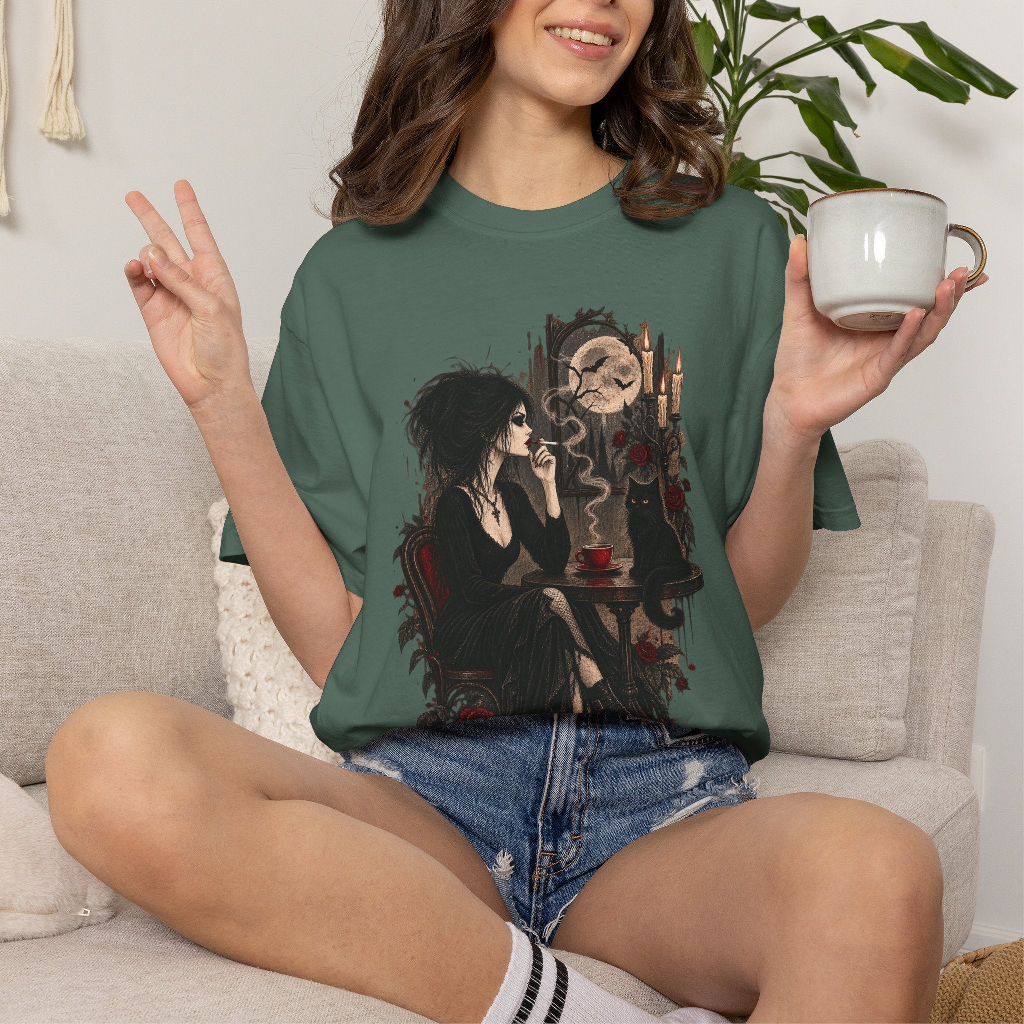 Witchy Tea Time T-Shirt — Gothic Woman with Moon & Candles Art