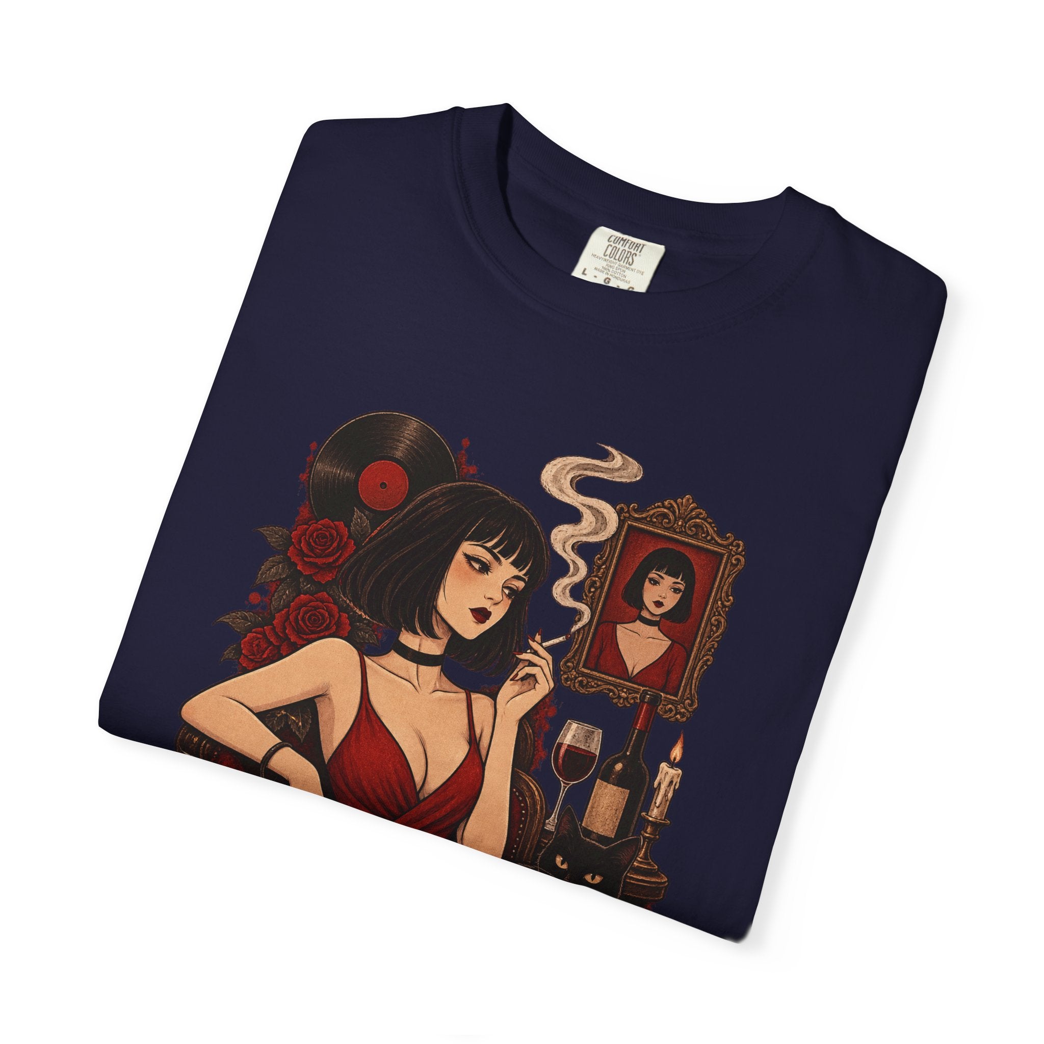 Vampy Noir Lady Graphic T-Shirt — Gothic Red Dress Illustration