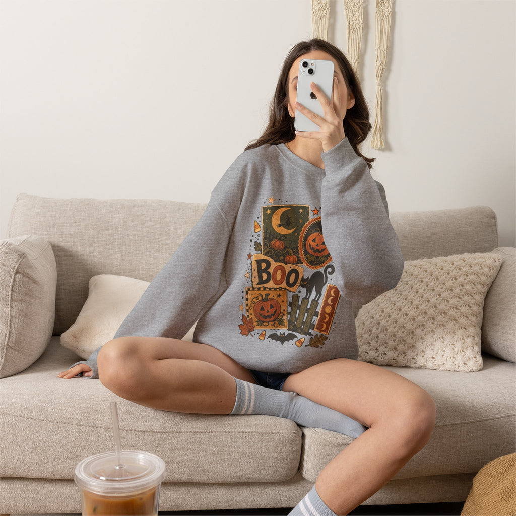 Halloween Vintage Patchwork Sweatshirt – 'Boo' Jack-o'-Lantern Crewneck