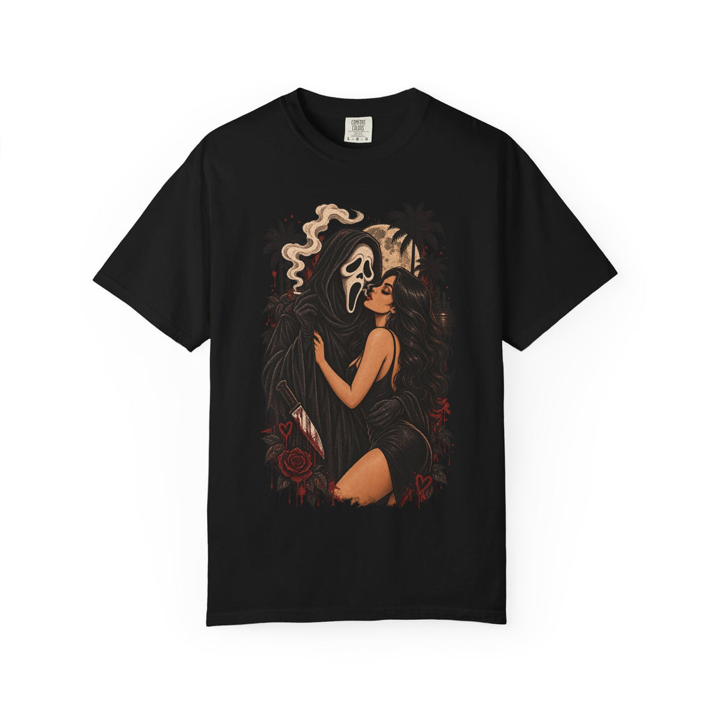 Scream Mask Embrace T-Shirt — Retro Horror Girl Graphic Tee