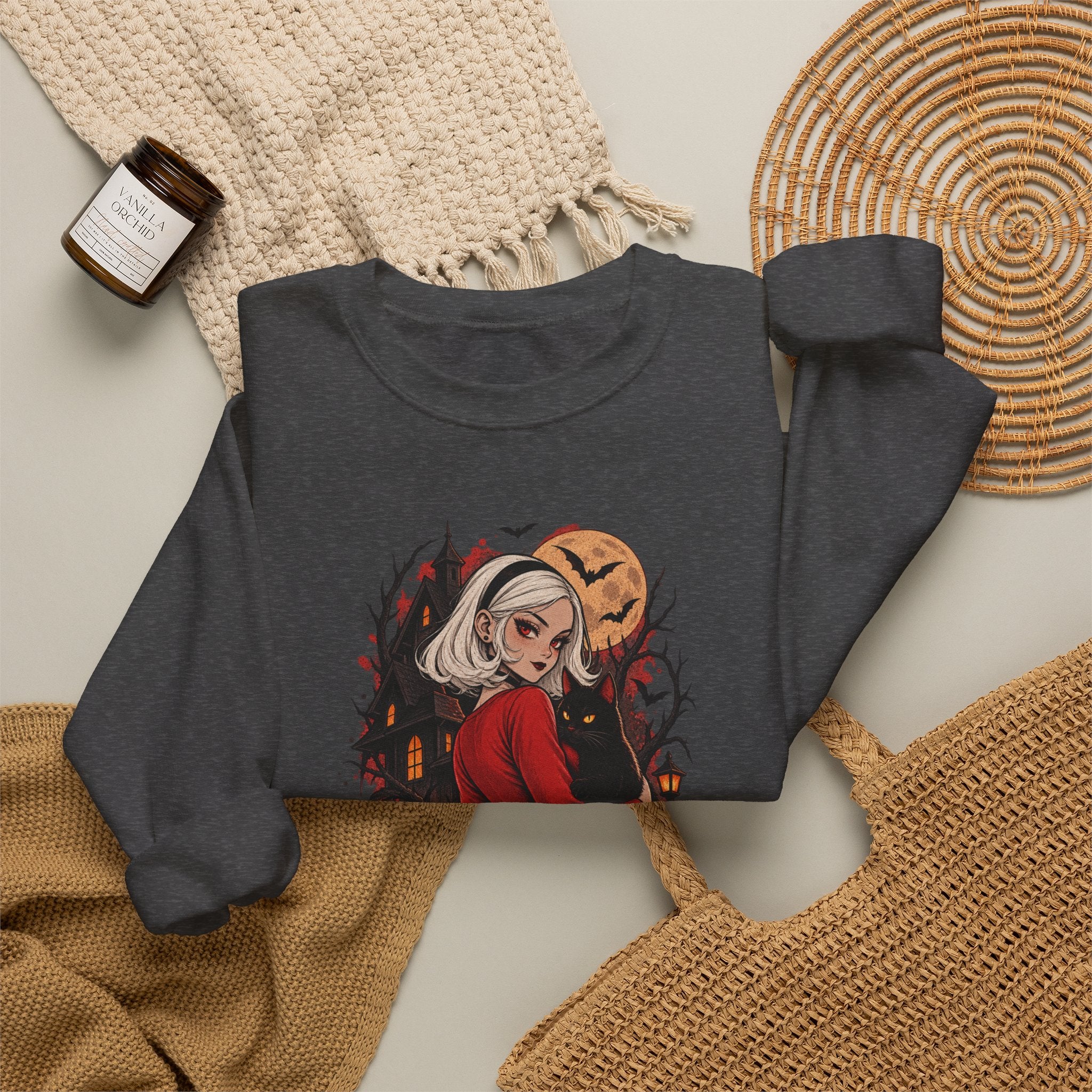 Halloween Pinup Crewneck Sweatshirt — Spooky Girl Pumpkin Design